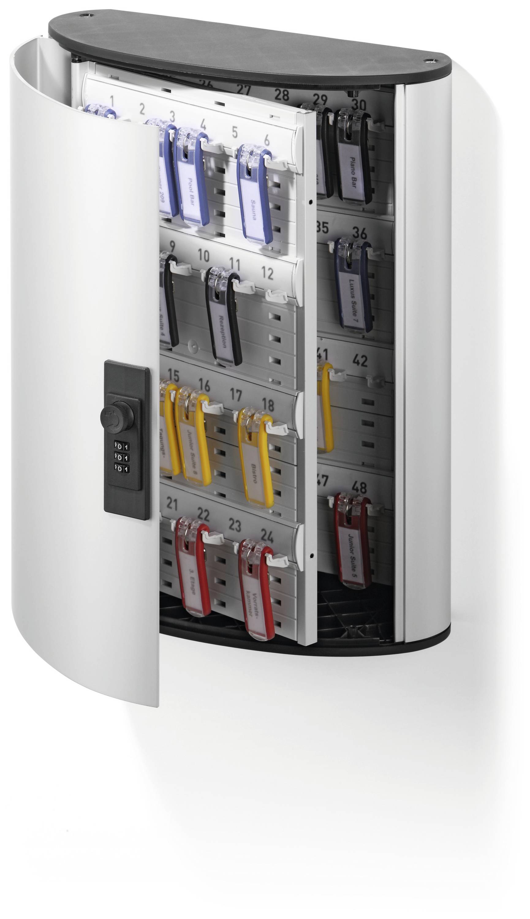 Geöffneter Schlüsselschrank mit nummerierten Haken und farbigen Schlüsselanhängern, zeigt eine organisierte Anordnung von Schlüsseln.