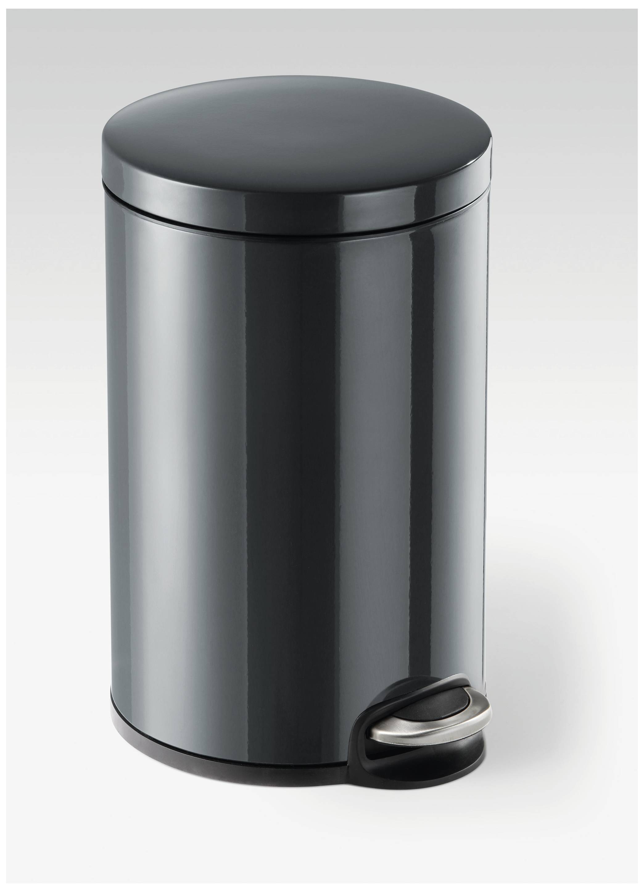 Ein grauer runder Mülleimer mit Pedal.
