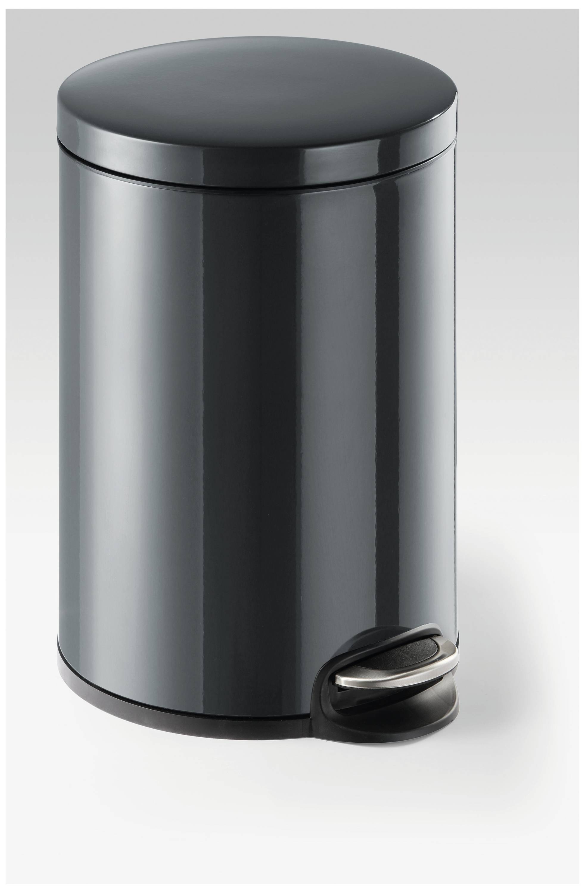 Grauer zylindrischer Tretmülleimer mit Pedal an der Unterseite, geeignet für Badezimmer oder Küche.