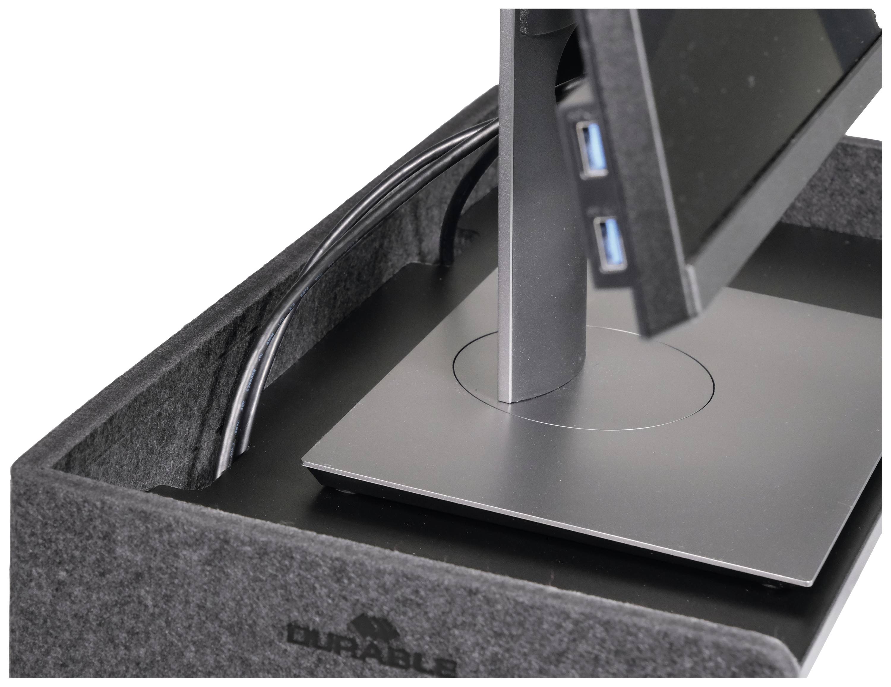 Monitorständer mit Kabelmanagement, altegrau in Filzoptik, zeigt USB-Anschlüsse an der Seite des Monitors.