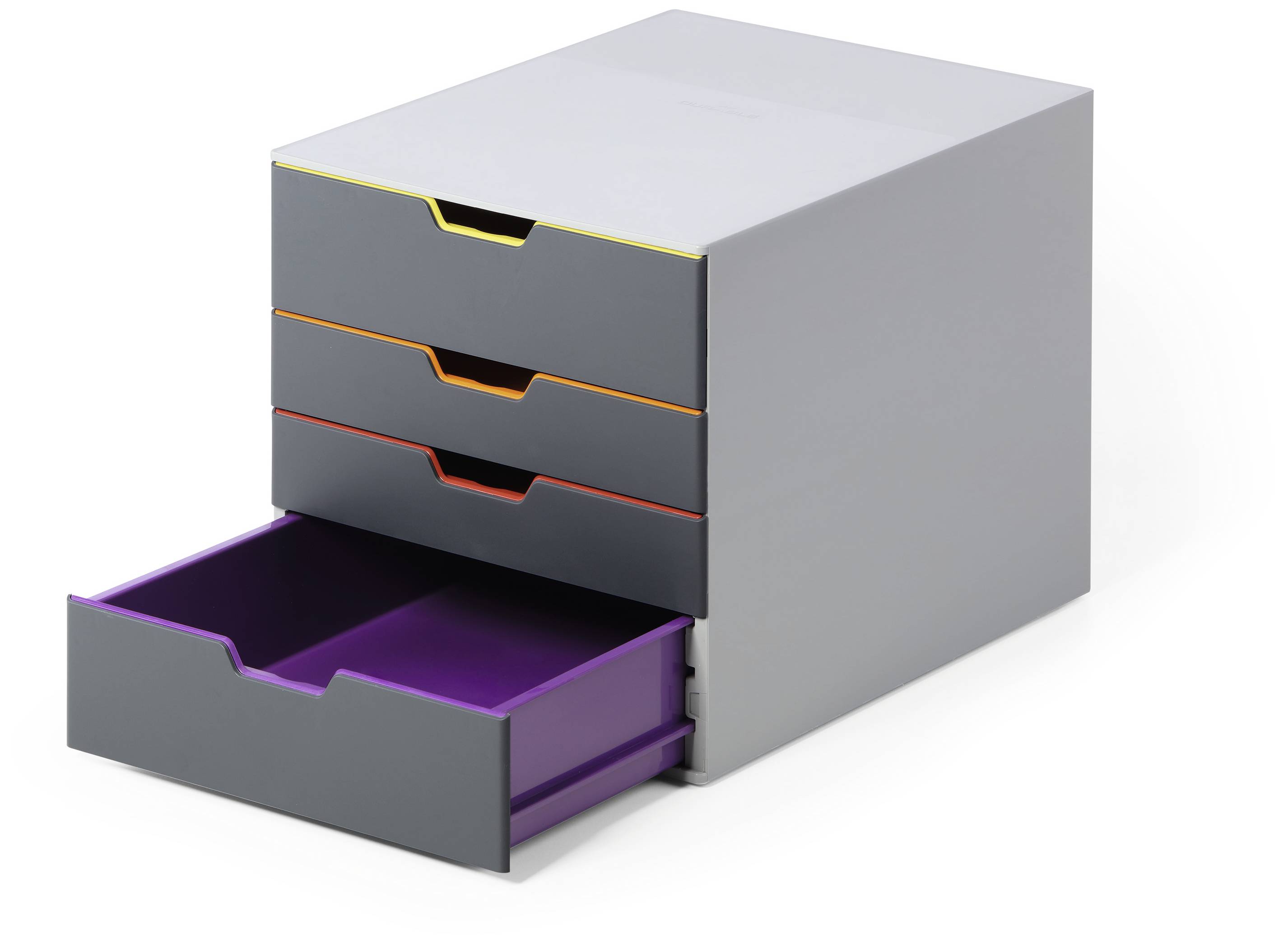 Kleiner grauer Schubladenturm mit vier farblich abgesetzten Schubladen, eine violett ausgezogen. Nutzbar zur Organisation von Dokumenten.