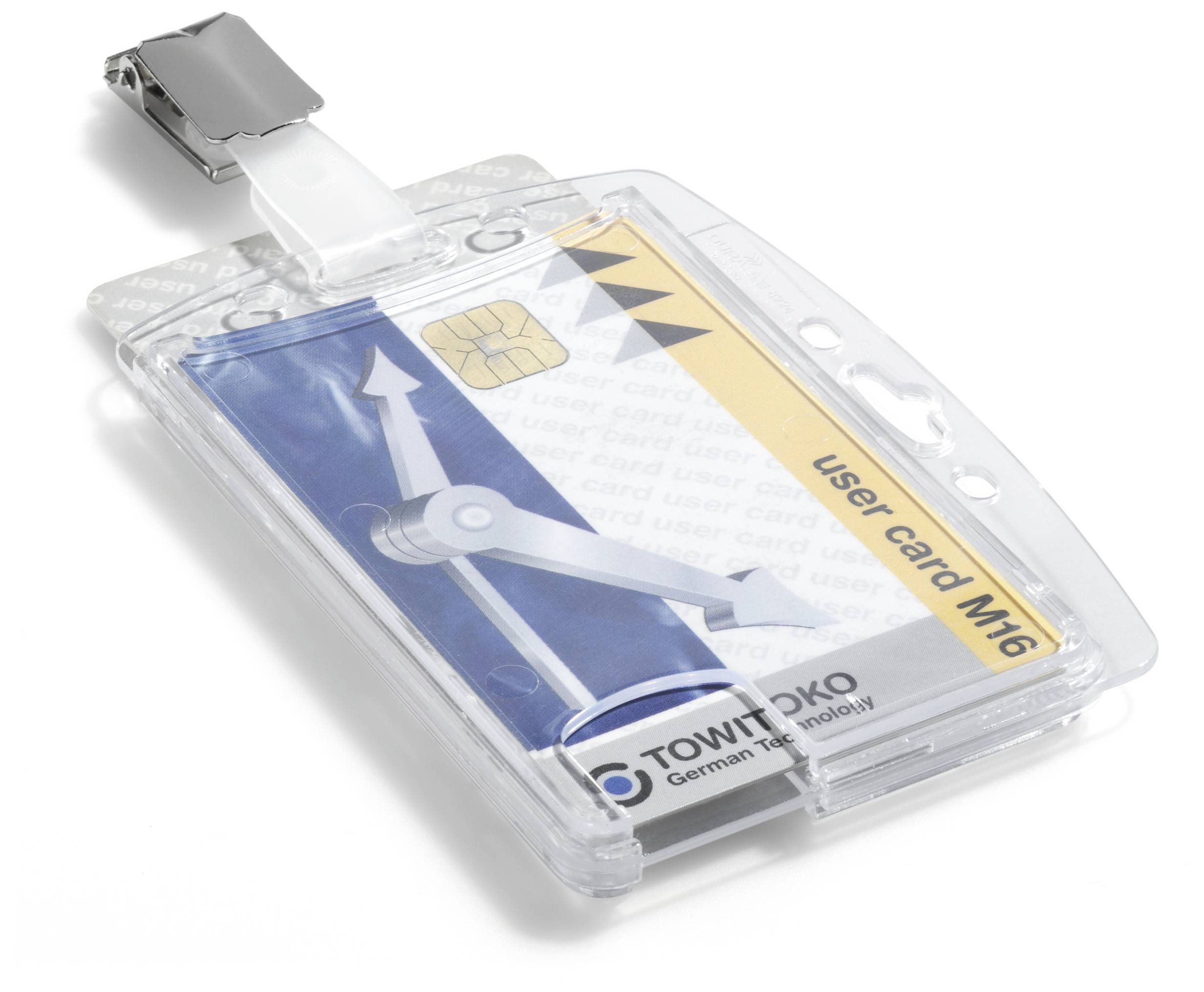 Kunststoffkarte im Halter mit Clip. Zeigt blaues Kompass-Design, Chip und Text 'user card M16'. Markenname 'TOWITOKO' unten.
