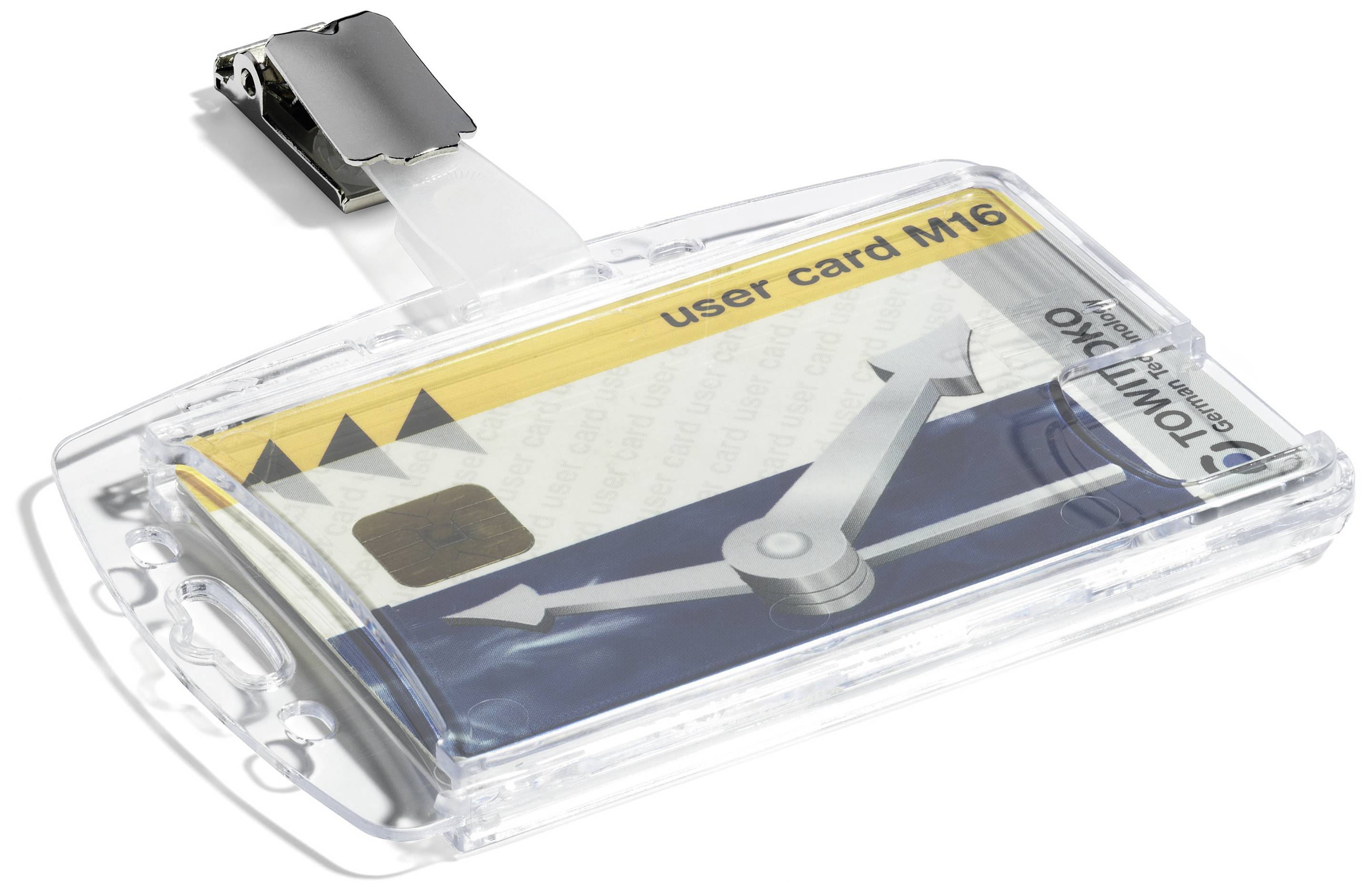 Ein klarer Kartenhalter mit einer Karte darin, die die Aufschrift 'user card M16' zeigt. Der Halter hat eine Metallklammer zur Befestigung.