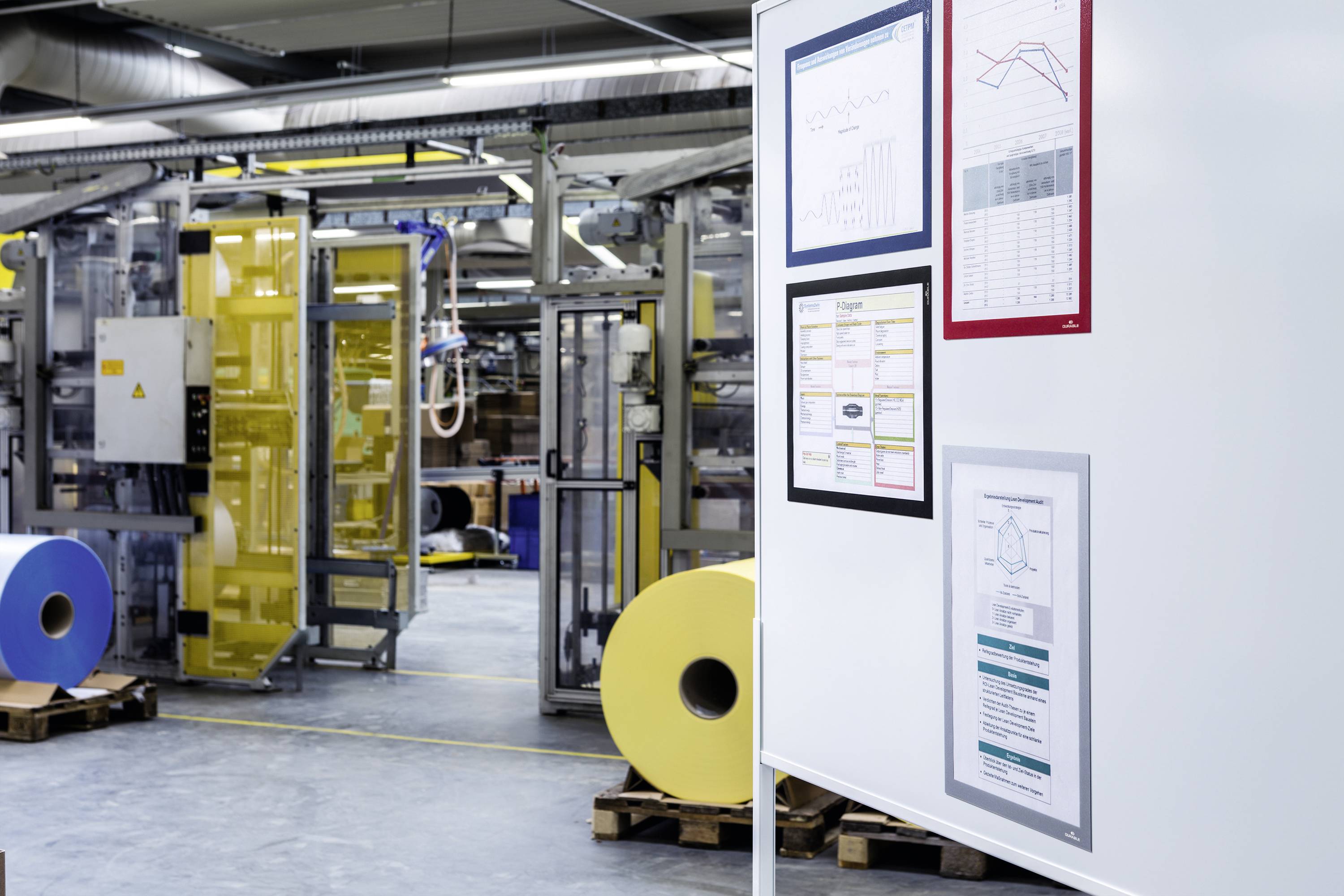 Produktionshalle mit Maschinen im Hintergrund und einem Whiteboard mit Diagrammen und Plänen im Vordergrund. Thema: Betriebsorganisation.