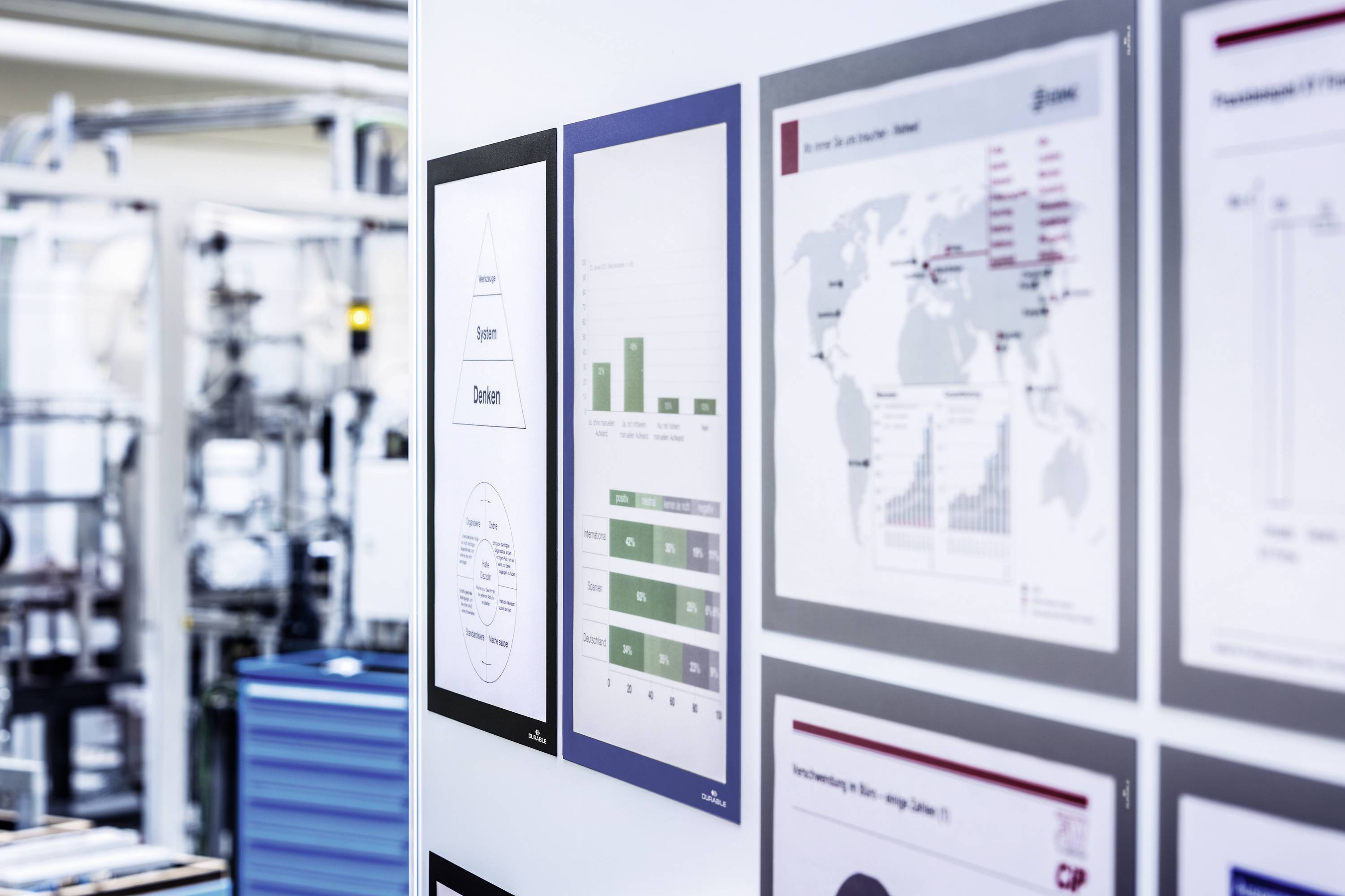 Büro mit Fokus auf Wand mit Organigrammen und Diagrammen. Grafiken zeigen Daten zu Unternehmensstrukturen und globalen Märkten.