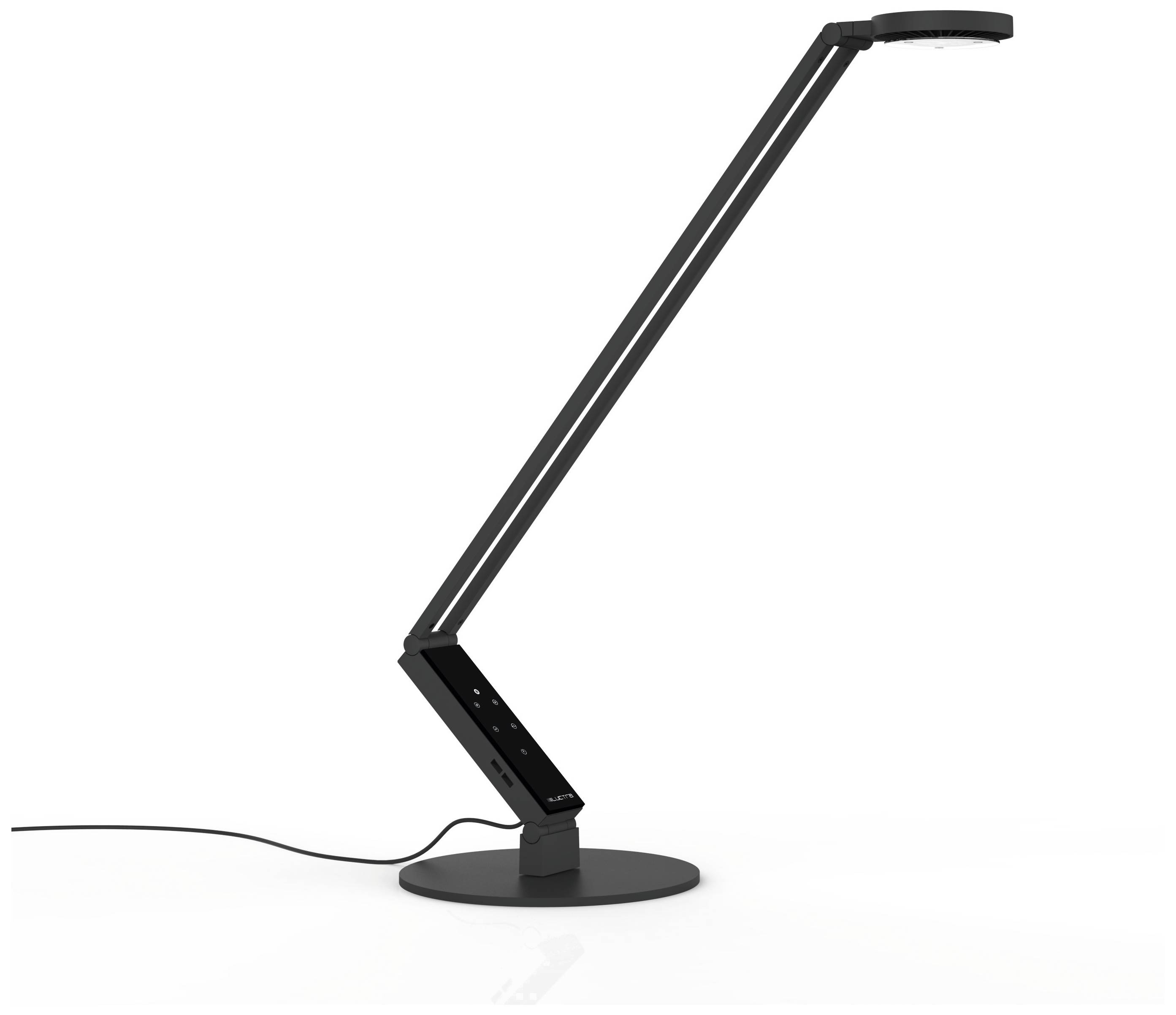 Eine moderne, schwarze Schreibtischlampe mit einem schlanken, winkligen Design auf einem runden Sockel.