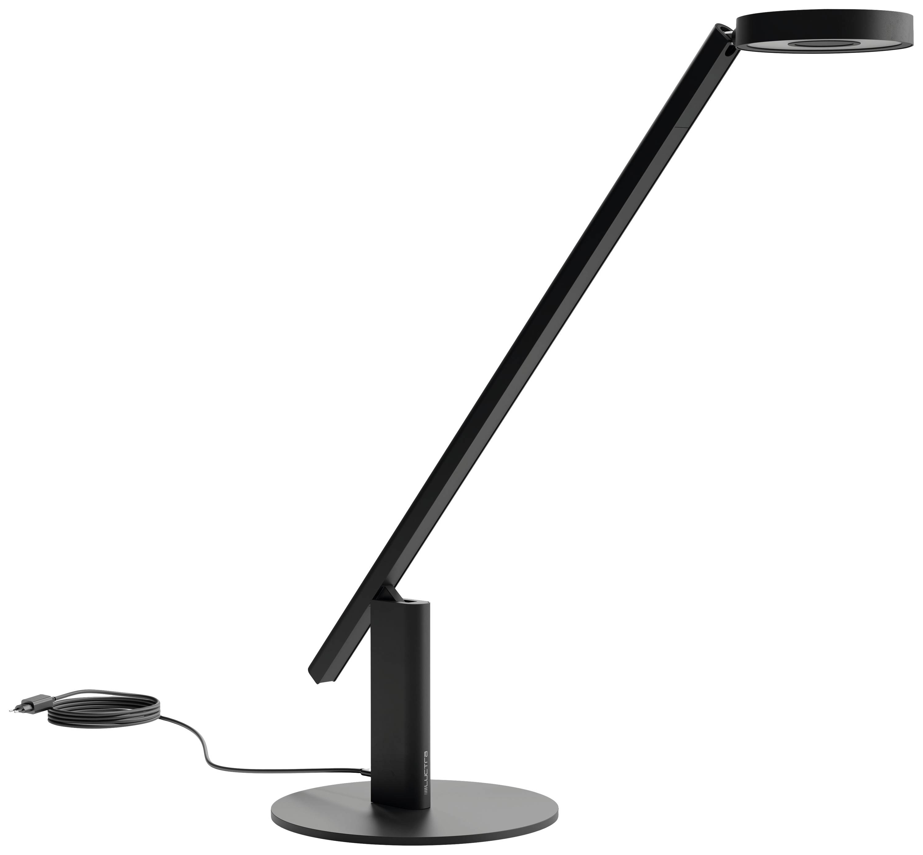 Schwarze, moderne Tischlampe mit rundem Sockel und schwenkbarem Arm. Lampenkopf ist flach und rund, mit Stromkabel an der Basis.