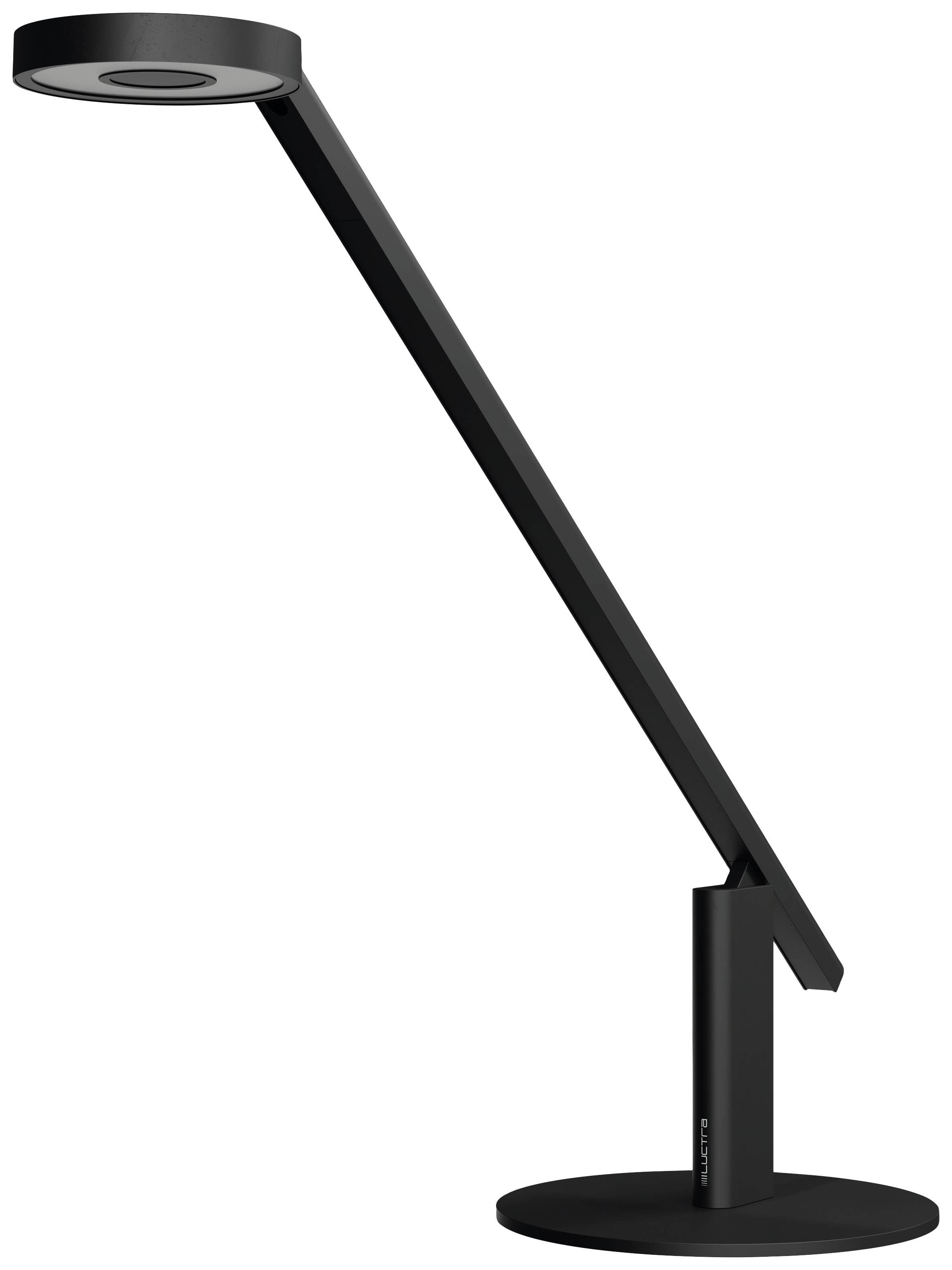 Schwarze, moderne Schreibtischlampe mit schlankem, schrägem Design, rundem Lampenkopf und stabilem Standfuß.