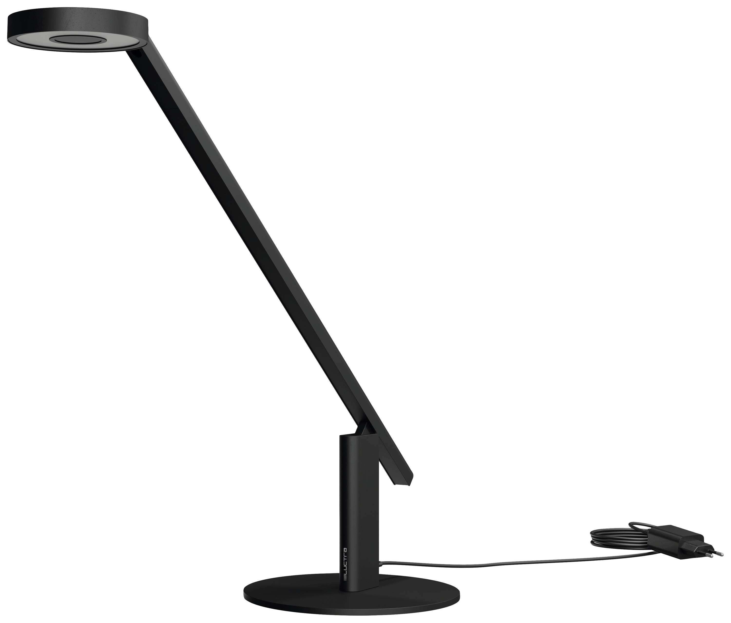 Eine moderne Tischlampe in schwarzer Farbe mit einem schwenkbaren Arm und rundem Lampenkopf, verbunden mit einem Kabel.