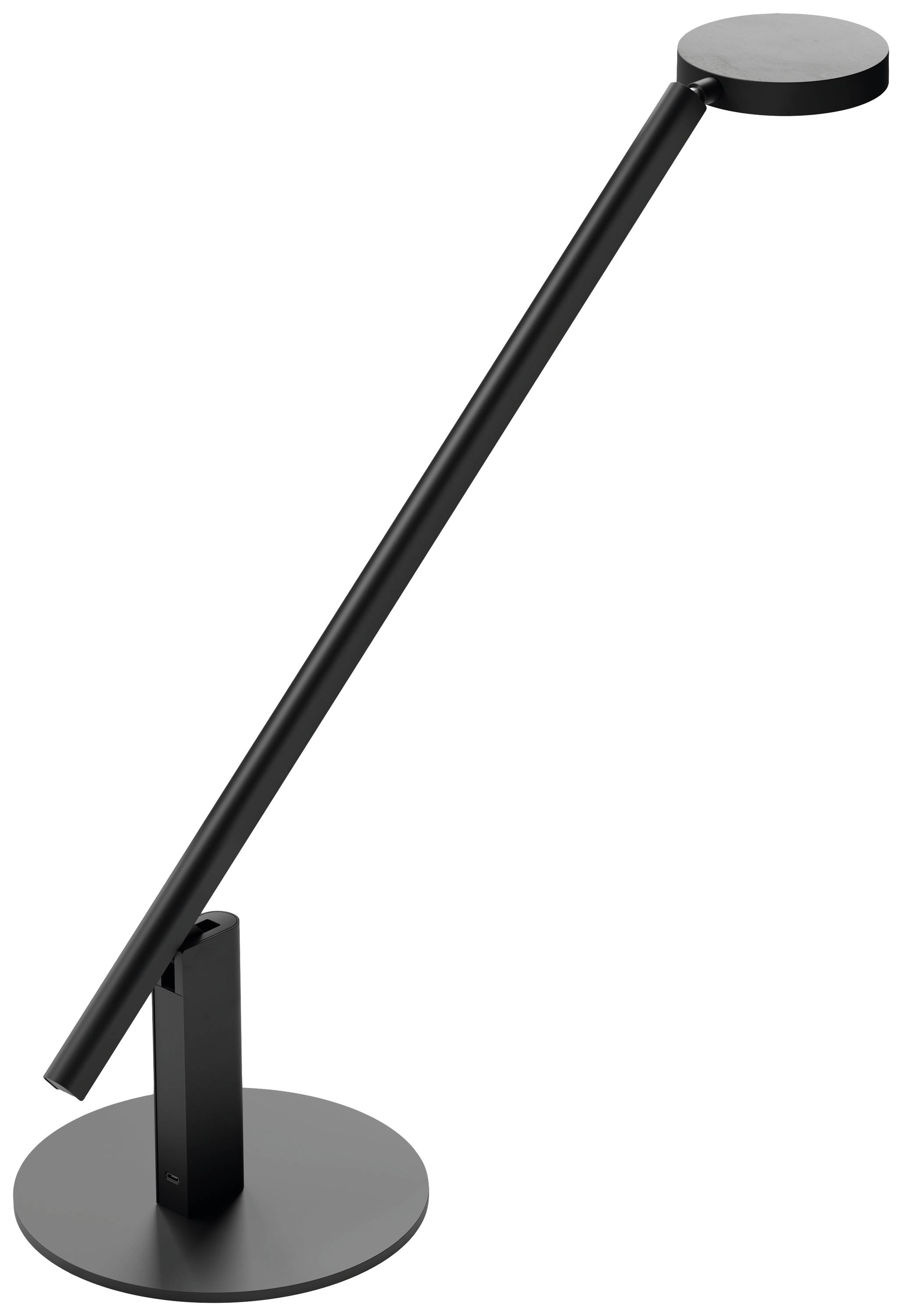 Eine moderne, schwarze Tischlampe mit einem schlanken, minimalistischen Design. Der Lampenschirm ist rund, und der Sockel ist stabil.