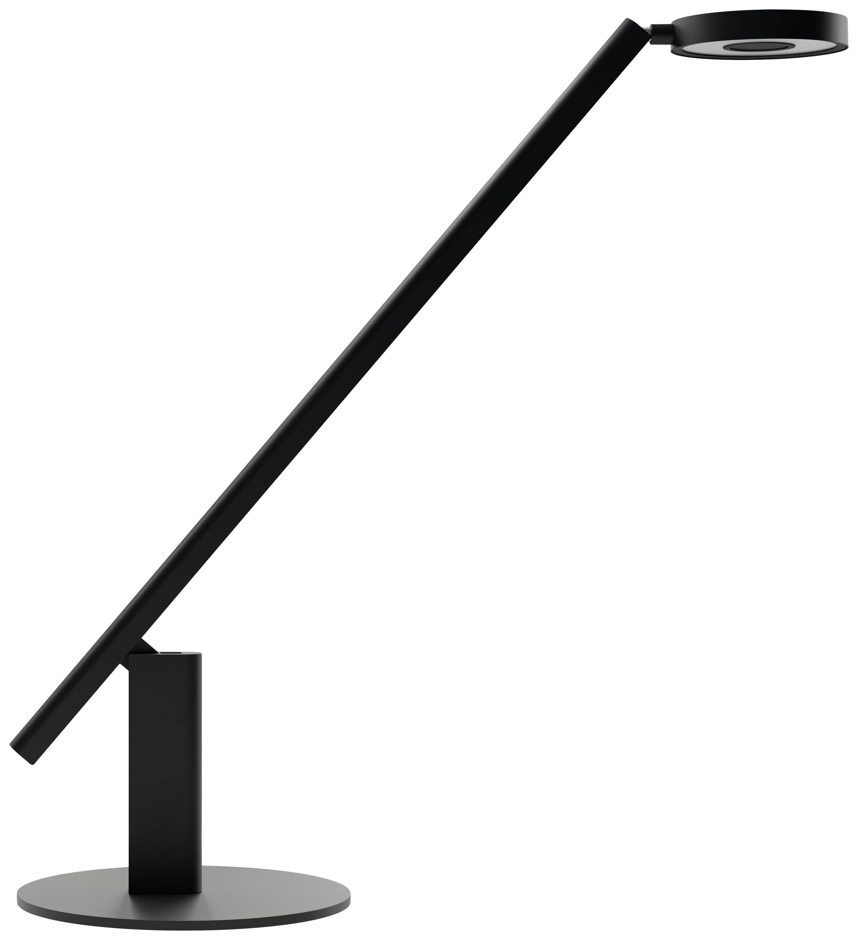 Eine moderne, schlanke schwarze Tischlampe mit einem schwenkbaren Arm und einem runden Lampenkopf, auf einem runden Sockel befestigt.