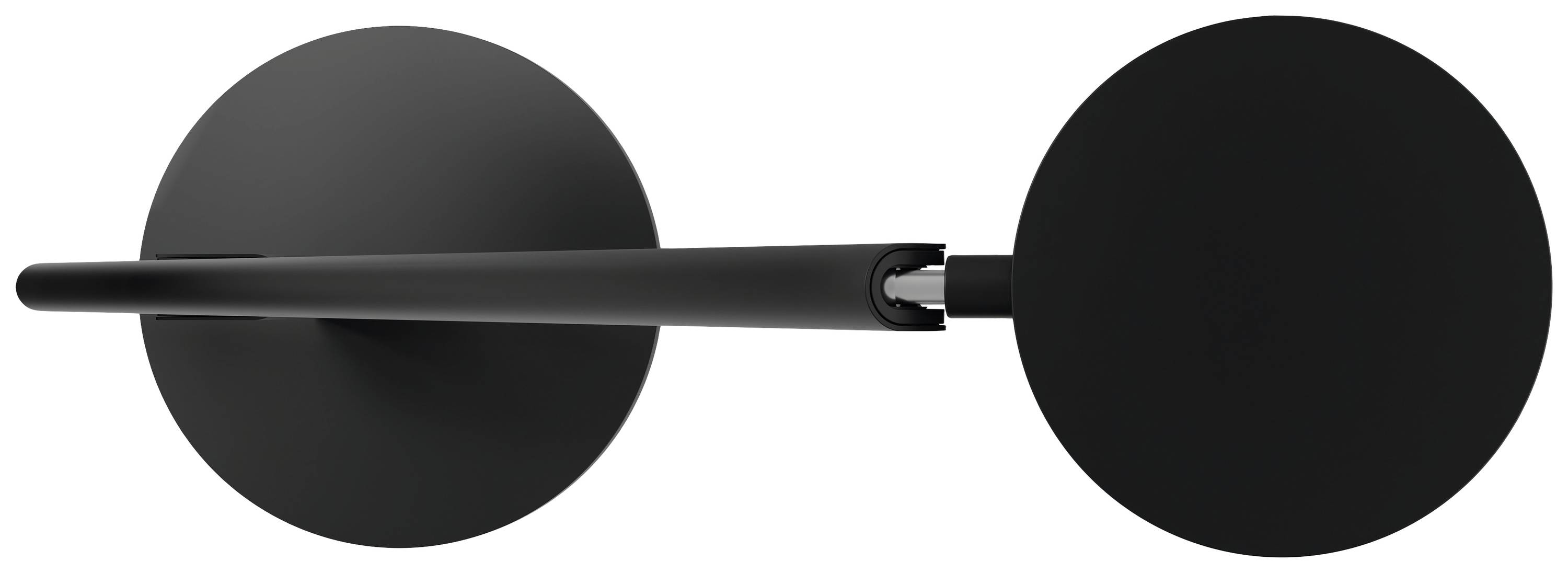 Eine schwarze Türklinke mit rundem Beschlag, von oben betrachtet. Sie ist schlicht und modern gestaltet.