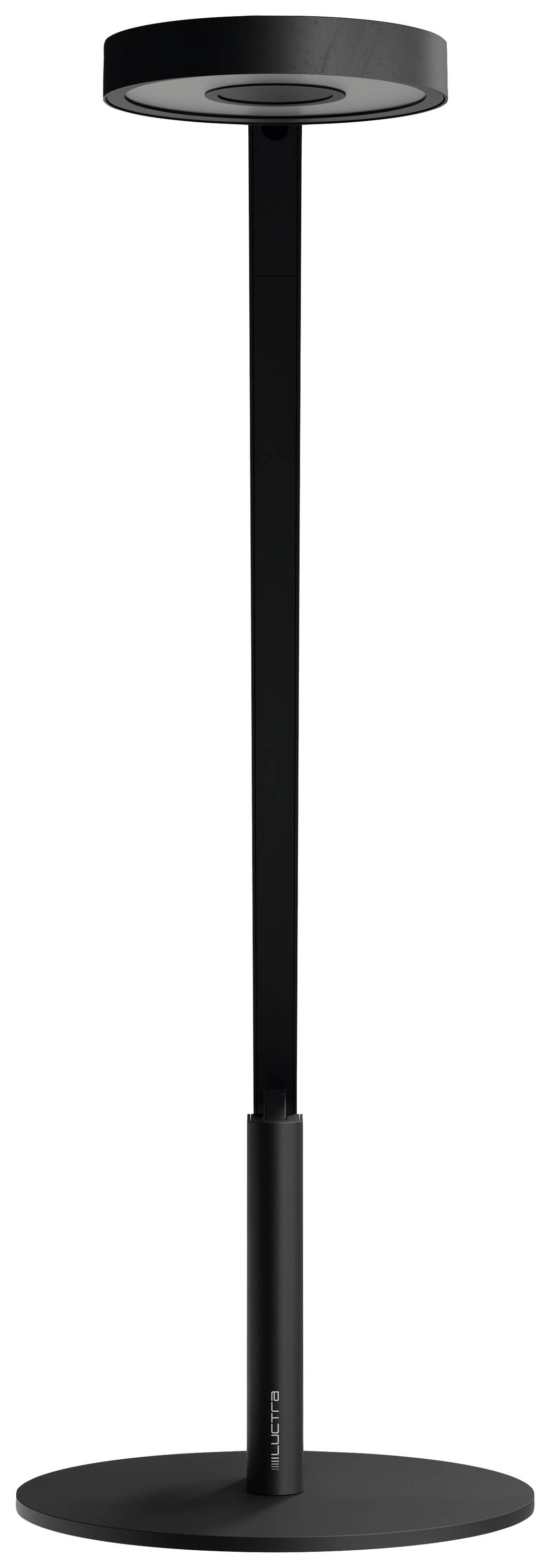 Schwarze Stehlampe mit schlankem Design und rundem Lampenschirm aus Metall. Steht auf flachem, rundem Sockel.