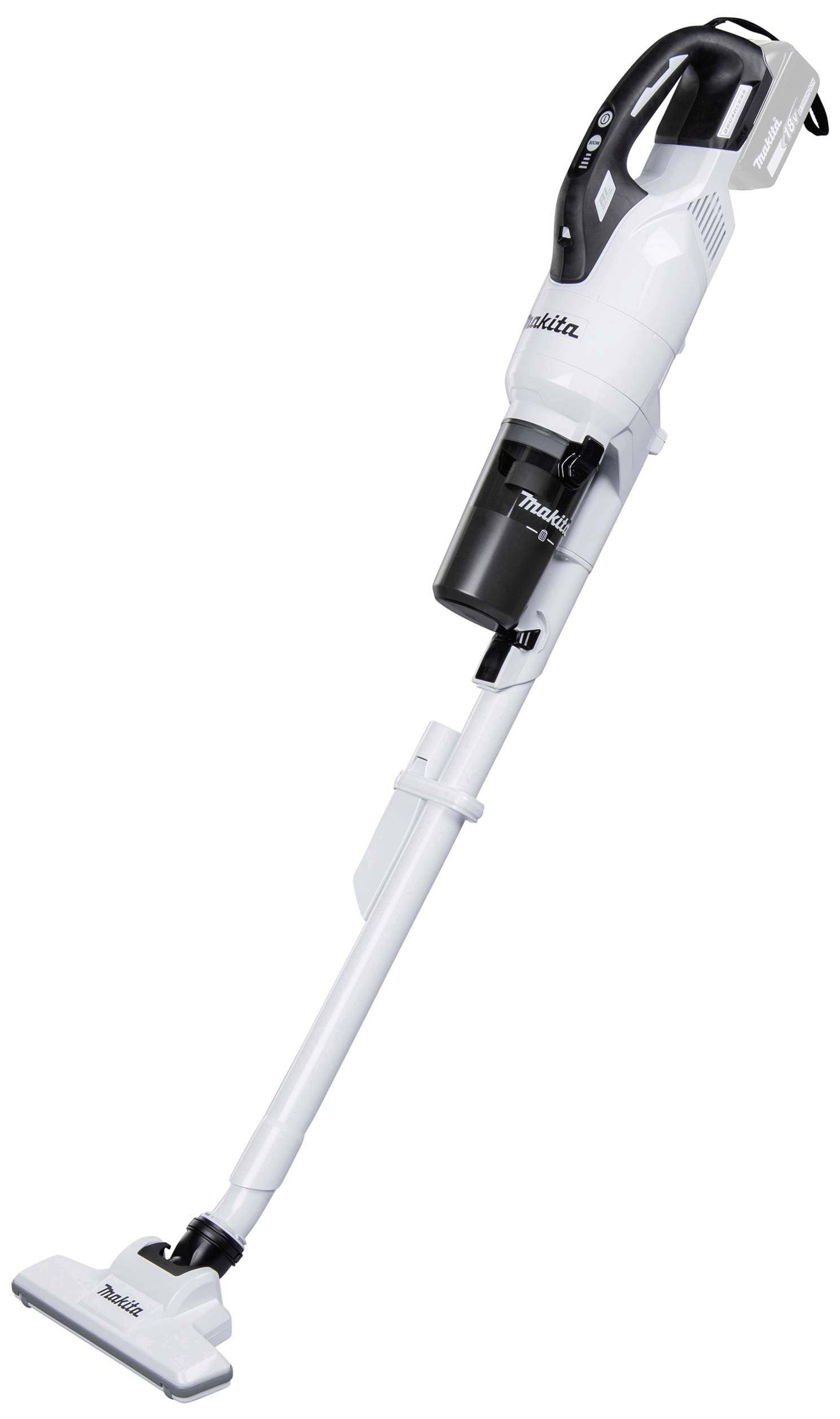 Kabelloser, weißer Stabstaubsauger mit schwarzem Griff. Geeignet für die Reinigung von Böden. Leichtes und ergonomisches Design.