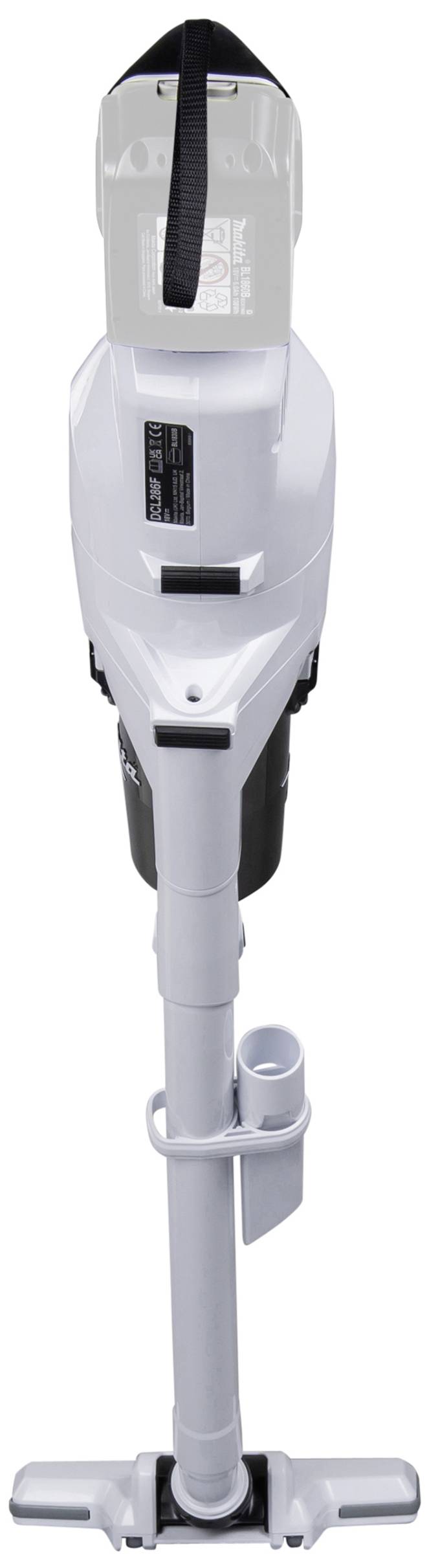 Ein kabelloser, weißer Handstaubsauger mit langem Griff und schmaler Düse, geeignet für die Reinigung von Bodenflächen.