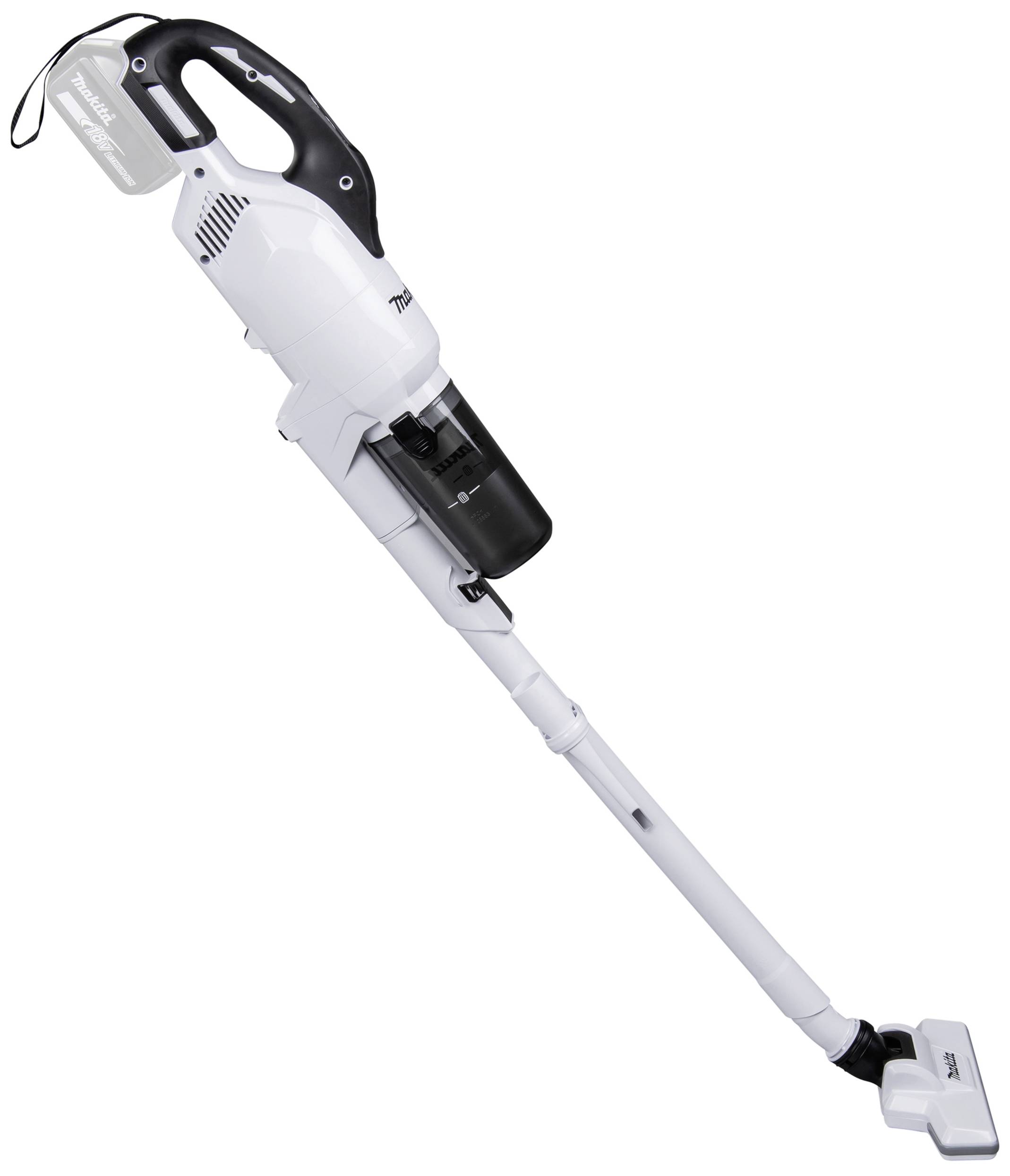 Ein weißer kabelloser Staubsauger, schlankes Design, geeignet für die Reinigung von Böden mit einem abnehmbaren Auffangbehälter.