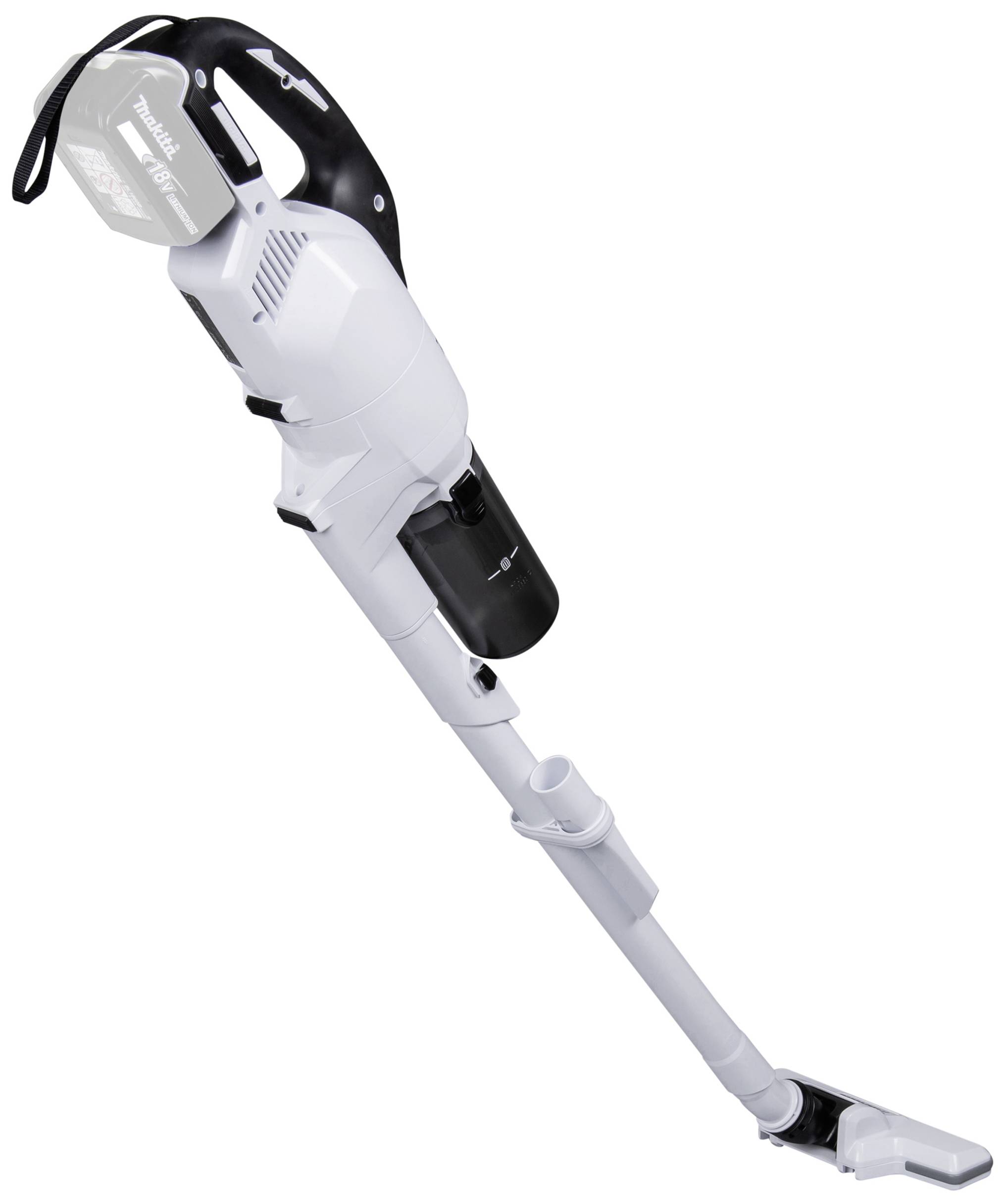 Ein weißer kabelloser Staubsauger mit einem schwarzen Griff ist in voller Länge abgebildet. Er hat eine schlanke, moderne Bauweise.