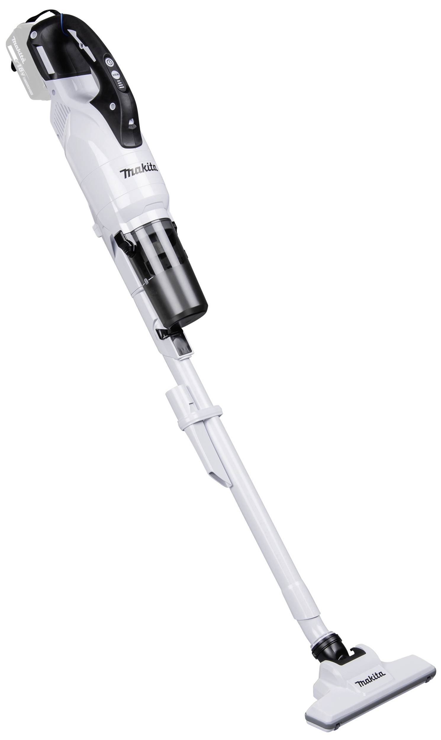 Kabelloser, weißer Staubsauger im schlanken Design, steht senkrecht. Geeignet für effiziente Reinigung in kleinen und großen Wohnbereichen.