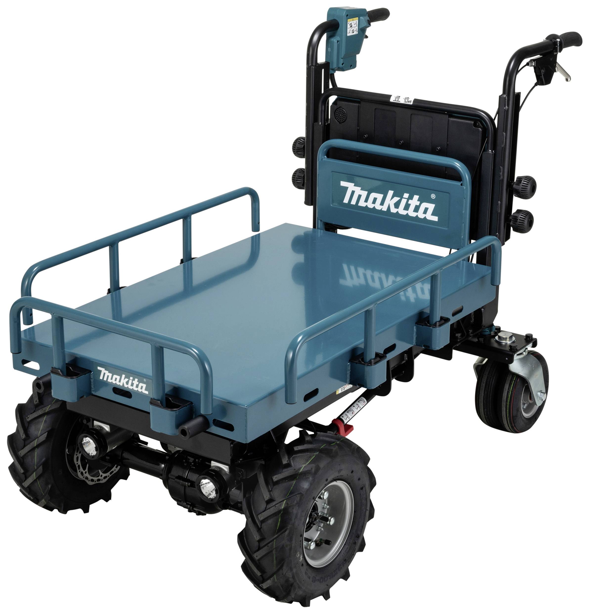 Ein blauer, vierrädriger Transportwagen von Makita. Er hat robuste Reifen und einen flachen Ladebereich zum Transport schwerer Lasten.