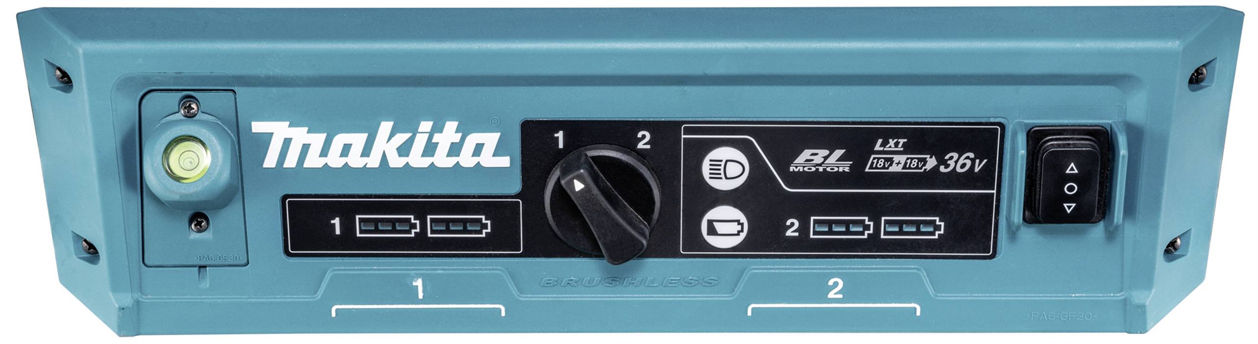 Ein blaues elektrisches Gerät mit Drehschalter, Anzeigen und 'Makita'-Logo. Es zeigt den Batteriestatus und Steuerfunktionen an.