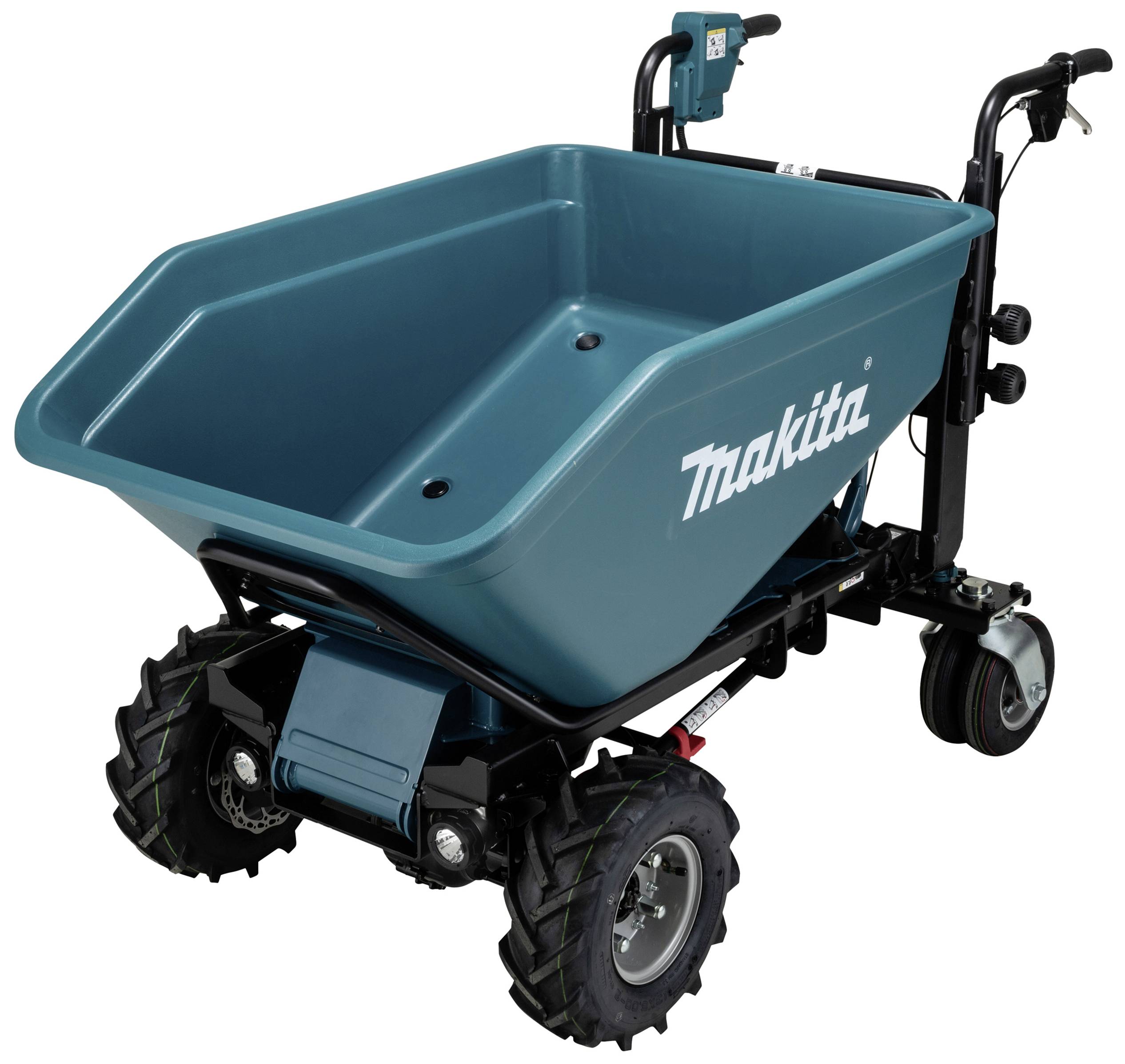 Ein batteriebetriebener, vierrädriger Transportwagen der Marke Makita, entworfen für den Einsatz auf Baustellen oder im Garten.