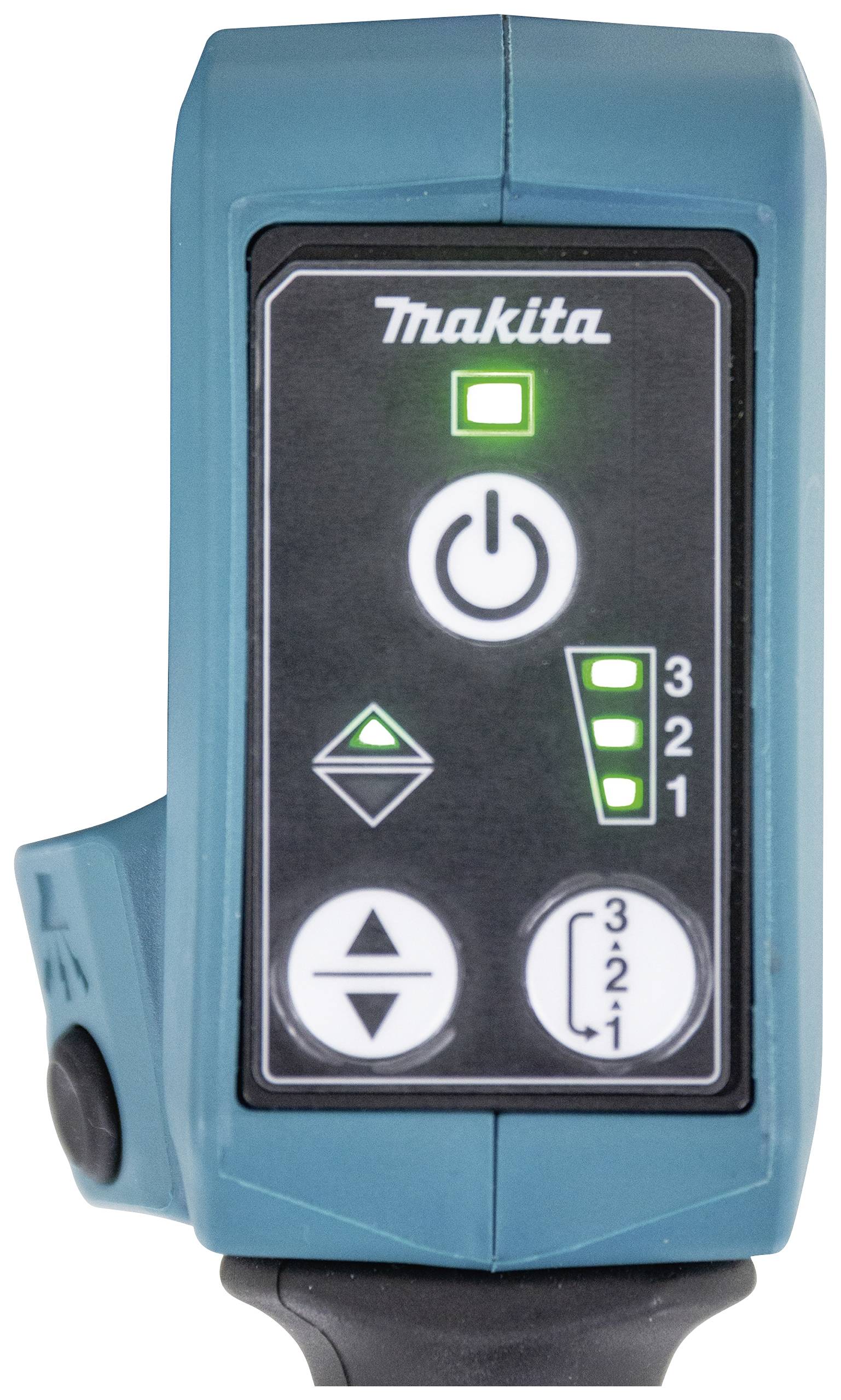 Elektronisches Bedienfeld eines Werkzeugs mit Ein-/Aus-Taste, Betriebsanzeigeleuchte und drei Leistungsstufen.