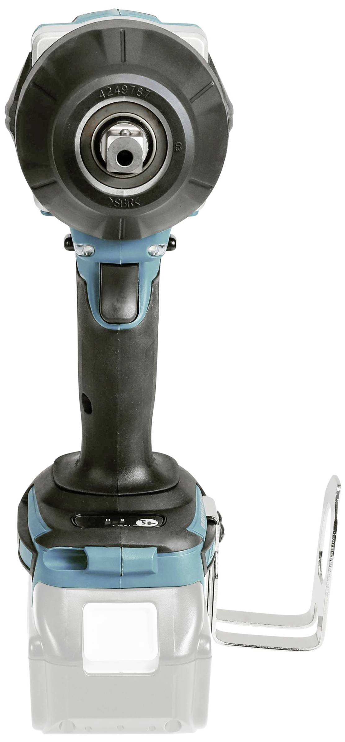 Akkuschlagschrauber in blau und schwarz, frontal fotografiert, zeigt Bohrkopf und Griff. Werkzeug für Heimwerker und Profis.