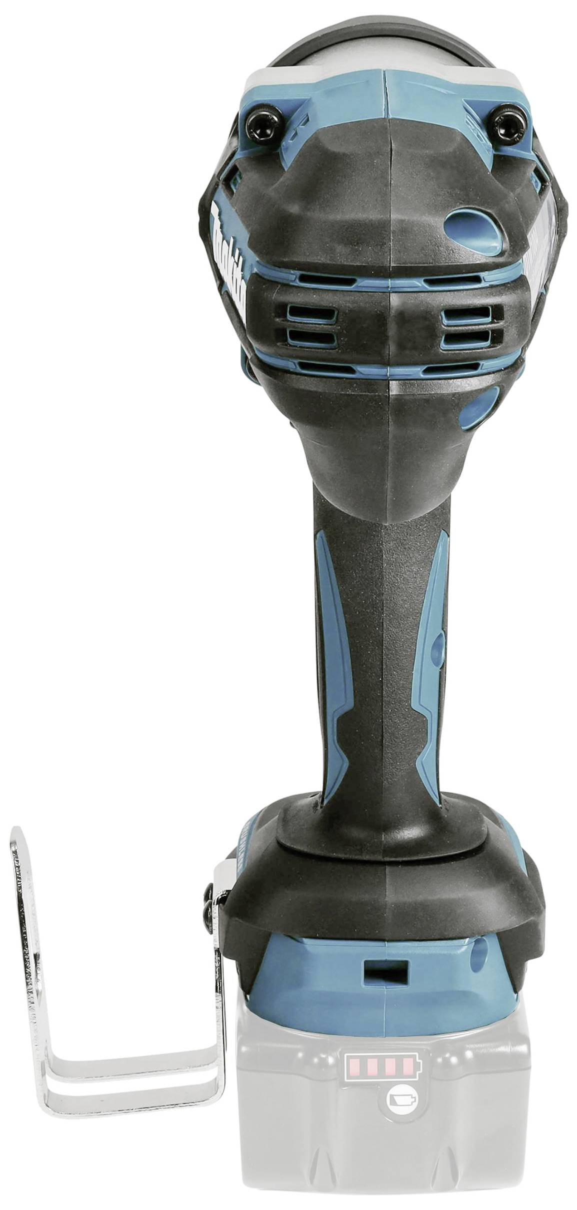 Ein kabelloser, blau-schwarzer Akku-Schlagschrauber, stehend mit sichtbarem Griff und Befestigungshaken, ohne eingesetzten Akku.