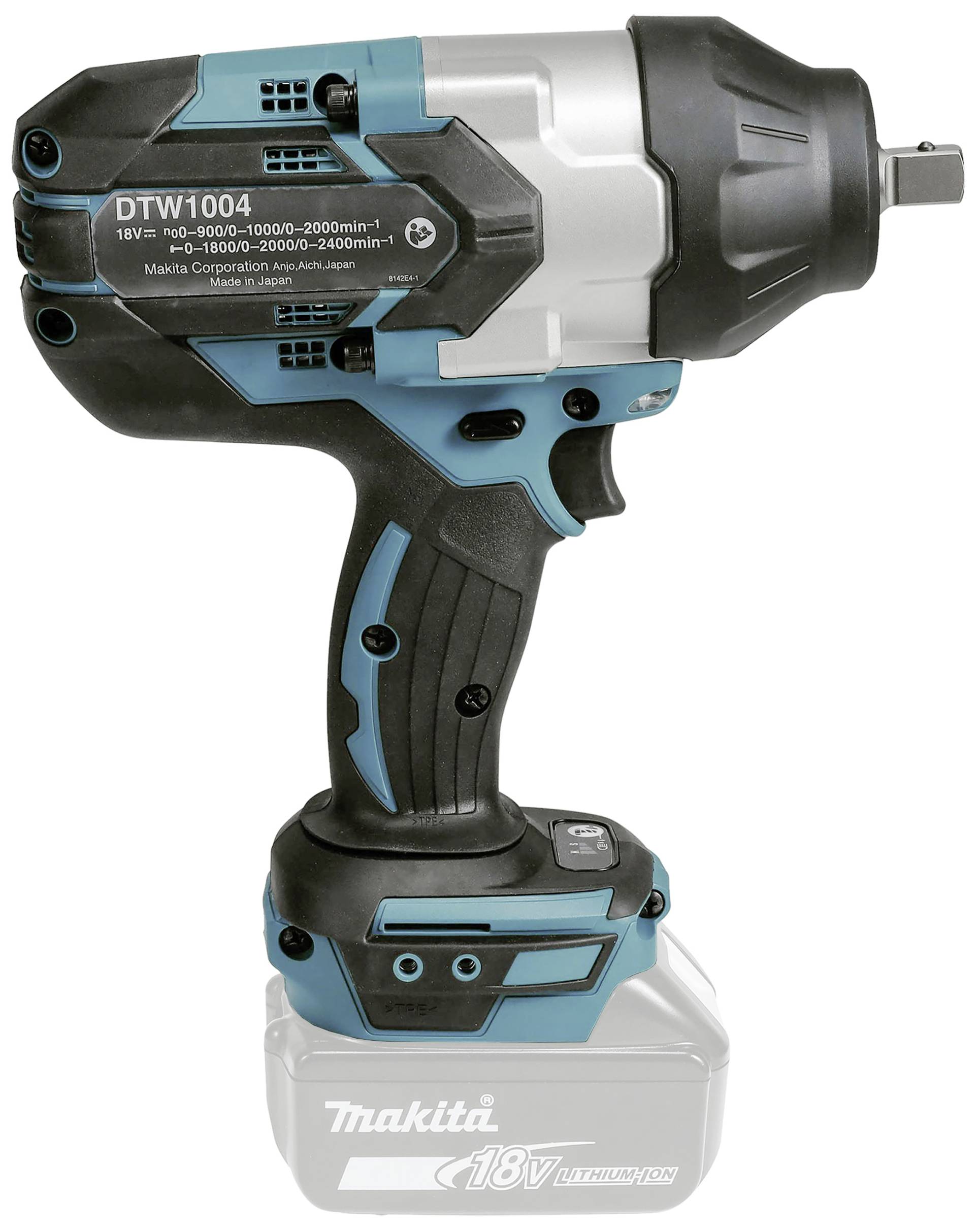 Ein blauer und schwarzer Akku-Schlagschrauber mit der Modellnummer 'DTW1004' von Makita, geeignet für 18V-Lithium-Ionen-Akkus.