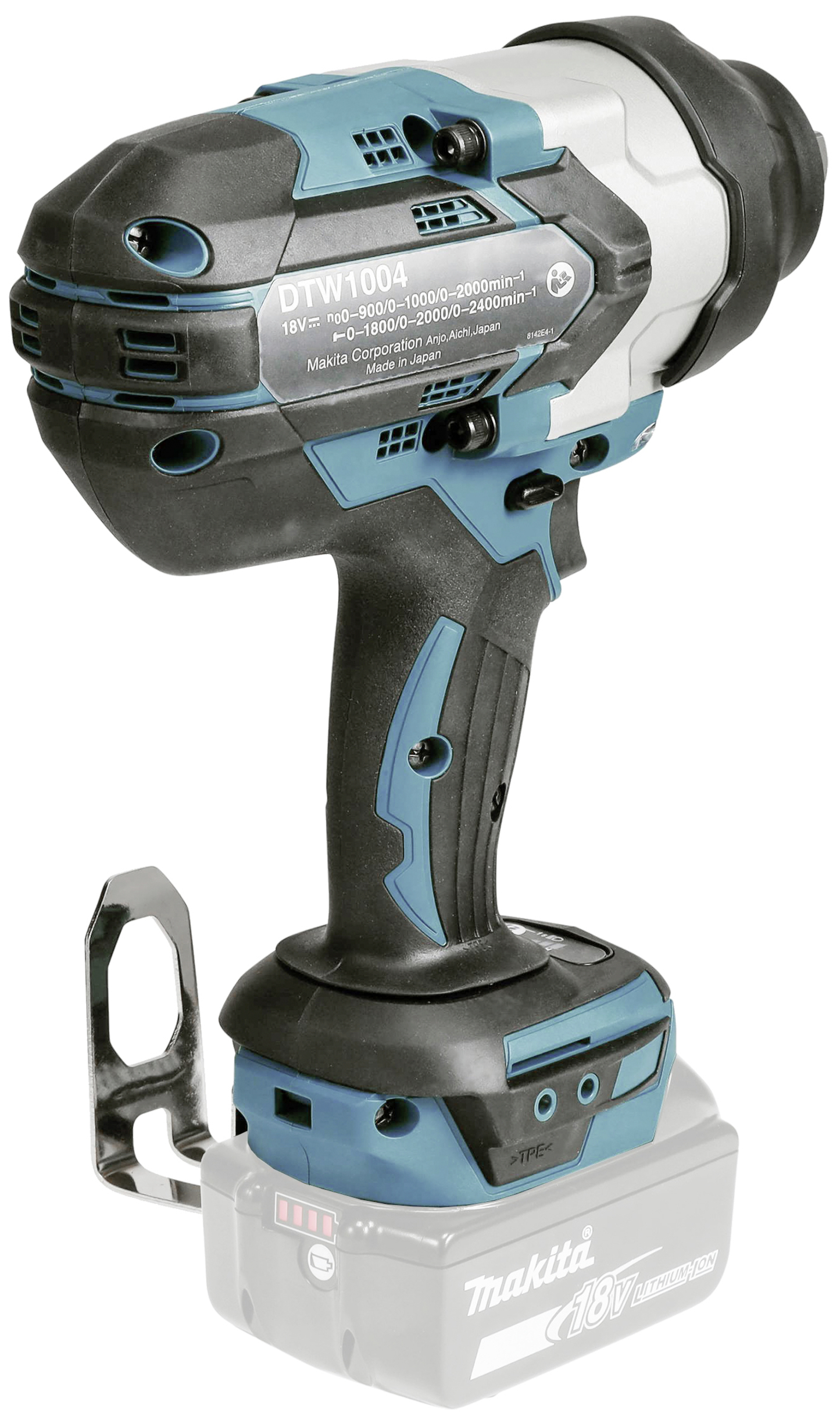 Ein blauer und schwarzer Akku-Schlagschrauber auf einem weißen Hintergrund. Das Gerät verfügt über ein robustes Gehäuse und einen ergonomischen Griff.