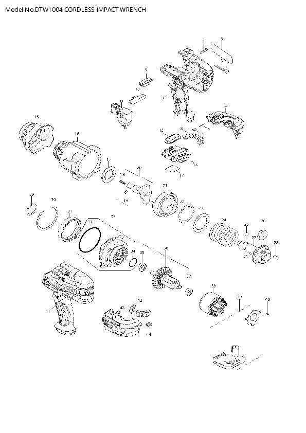 Explosionszeichnung eines kabellosen Schlagschraubers mit nummerierten Teilen, die auseinandergebaut sind. Modellbezeichnung: DTW1004.