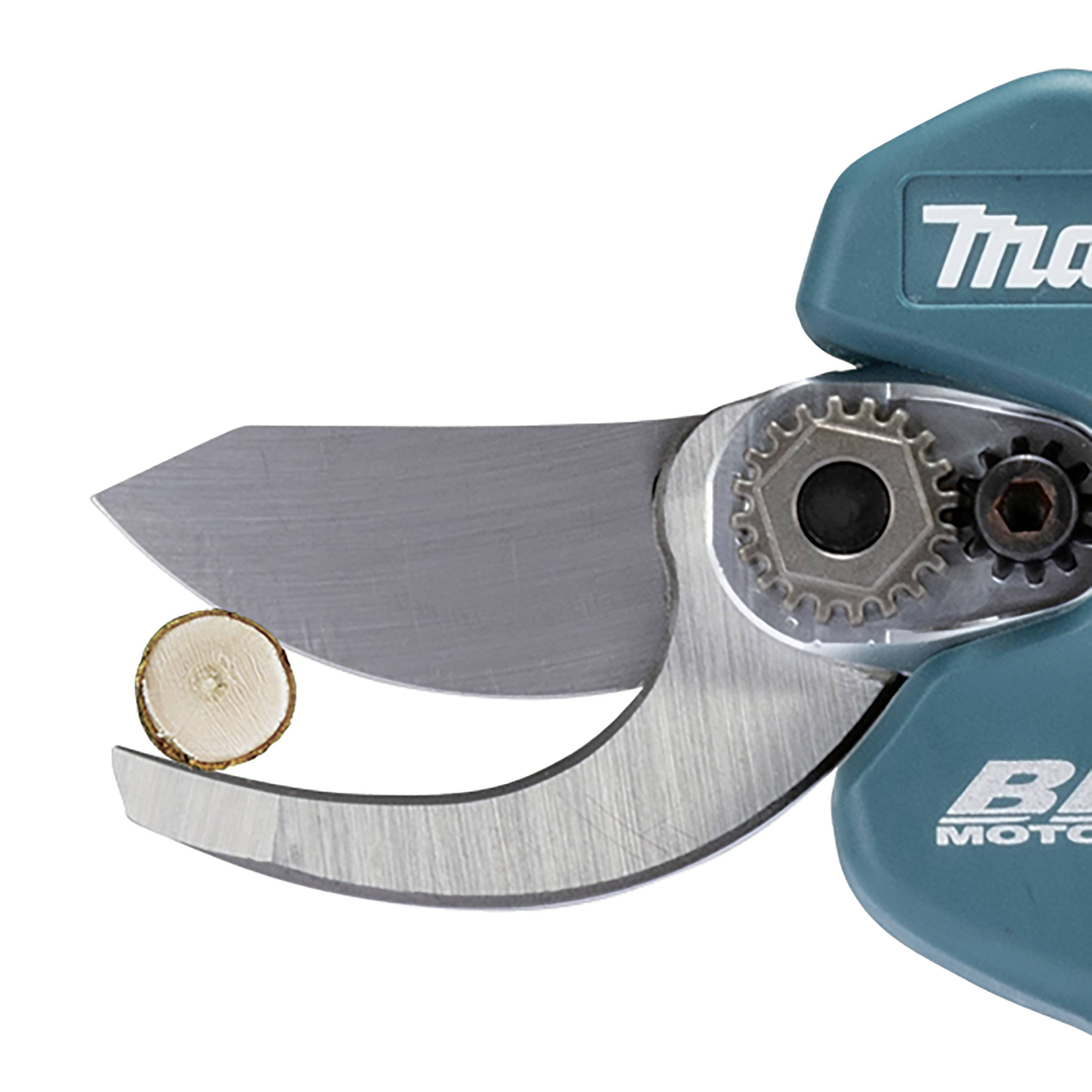 Nahaufnahme eines elektrischen Astschneiders mit einer gezahnten Klinge und einem abgeschnittenen Aststück.