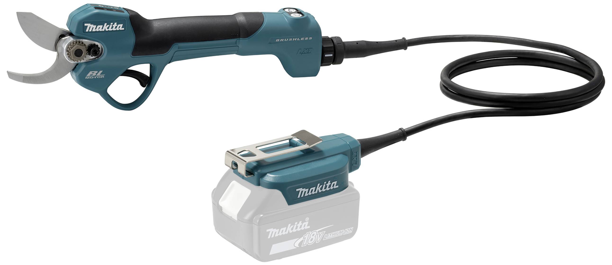 Elektrische Baum- und Gartenschere von Makita, verbunden mit einem Kabel zu einer abgebildeten Batterieeinheit. Ideal für präzises Schneiden.