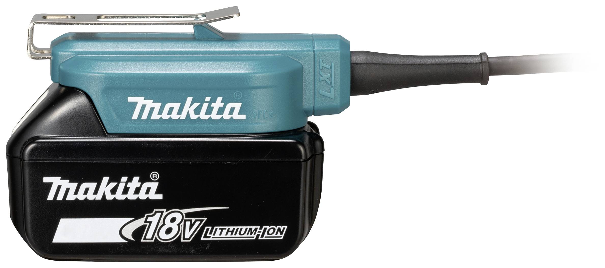 Akkupack 'Makita 18V Lithium-Ion', blau-schwarz, mit Kabel. Fördert effiziente Energieversorgung von Werkzeugen.