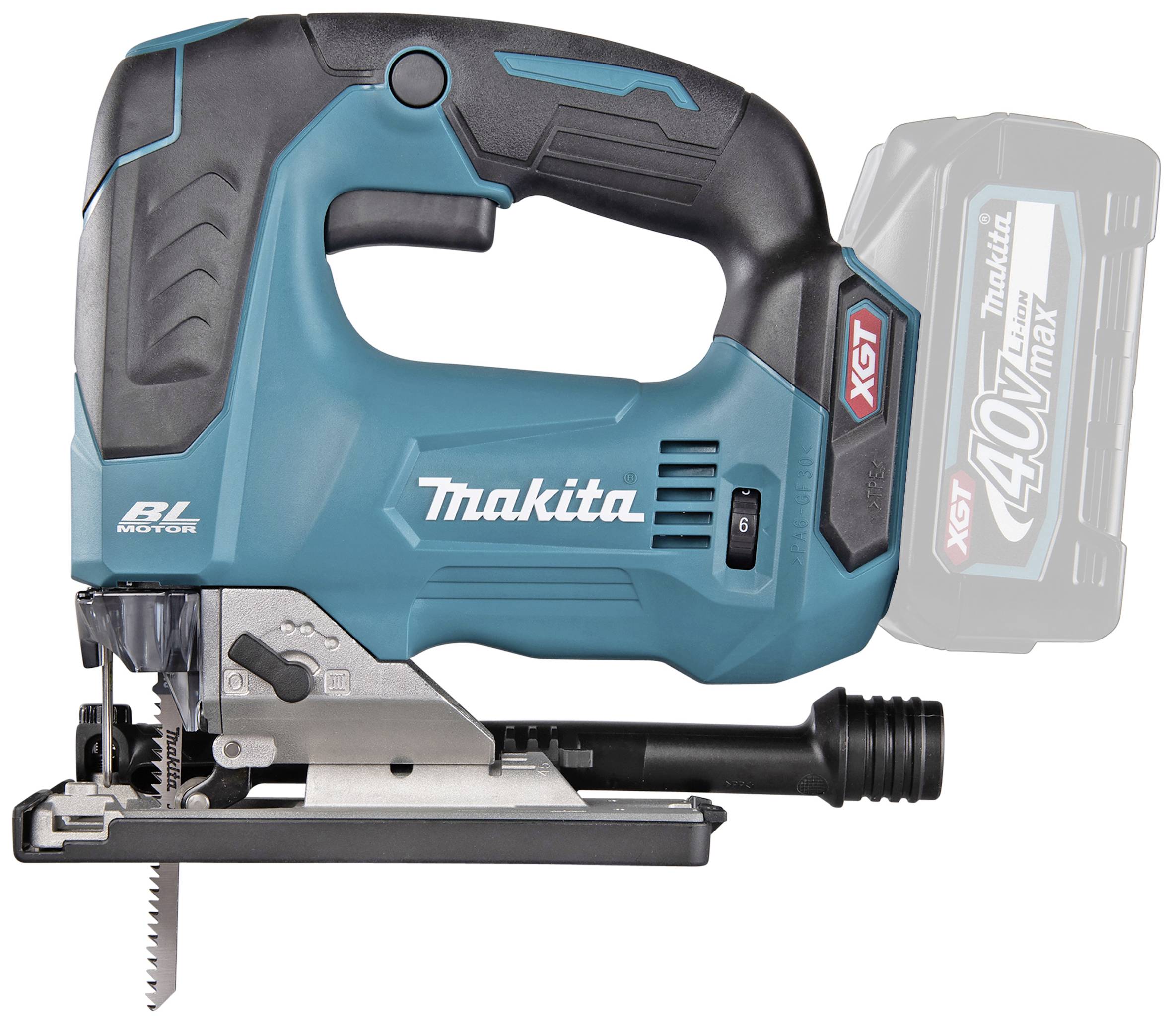Blaue Stichsäge der Marke Makita mit schwarzem Griff und silberner Unterseite, abgebildet ohne eingesetzten Akku.