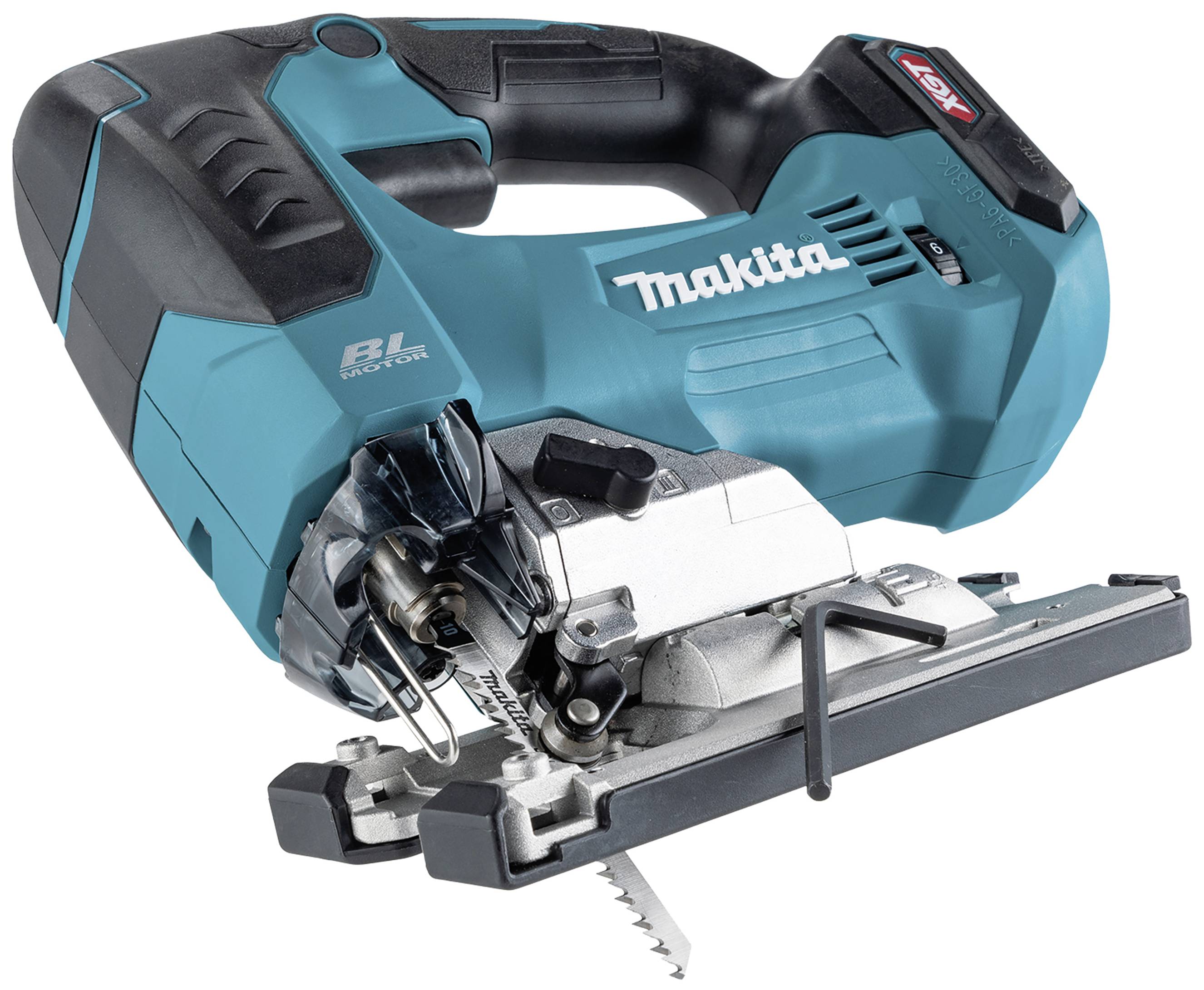 Akkubetriebene Stichsäge von Makita in Blau und Schwarz mit silbernem Sägeblatt.