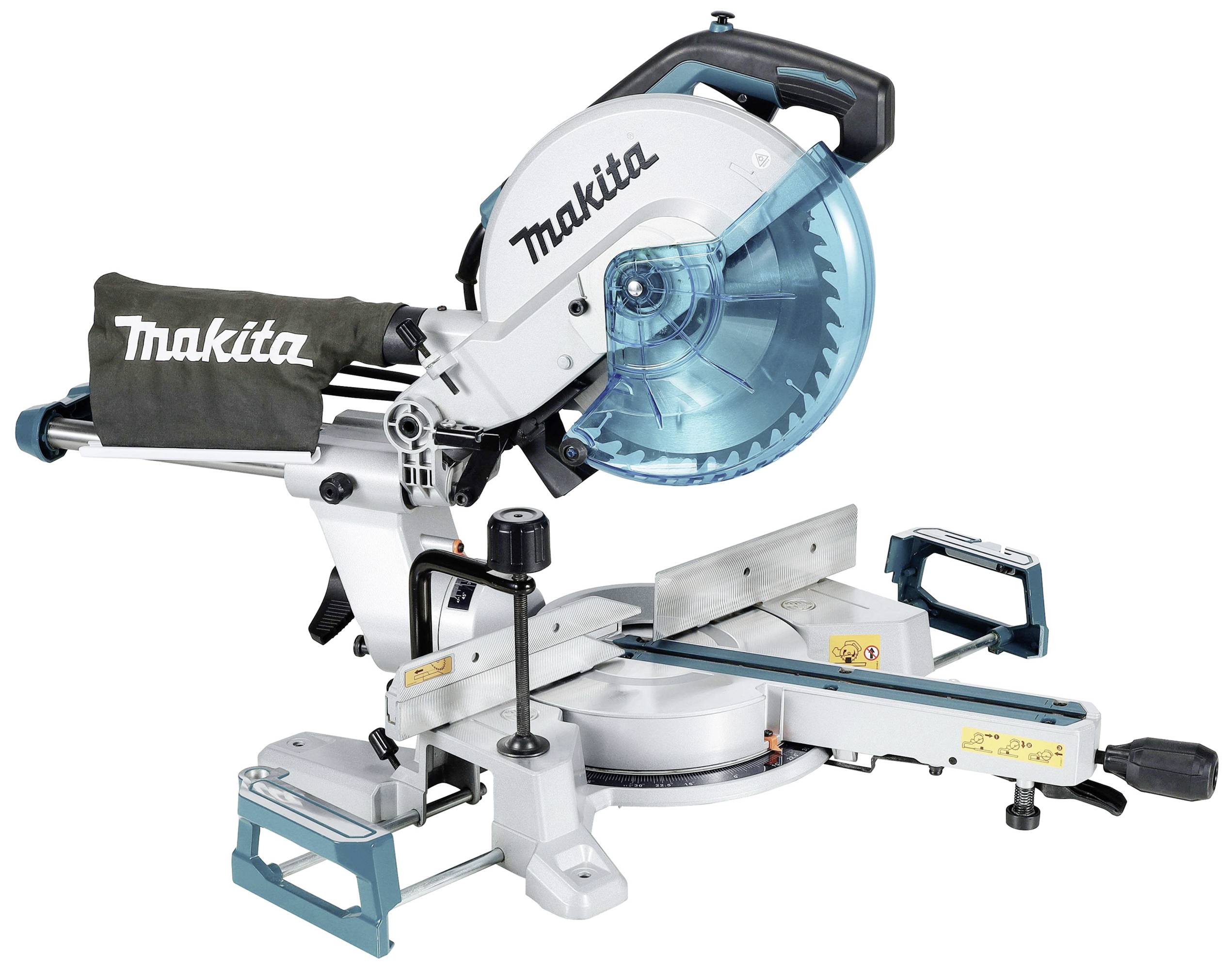 Kreissäge von Makita mit Staubfangbeutel und gestütztem Schneide-Tisch, geeignet für holzverarbeitende Arbeiten.