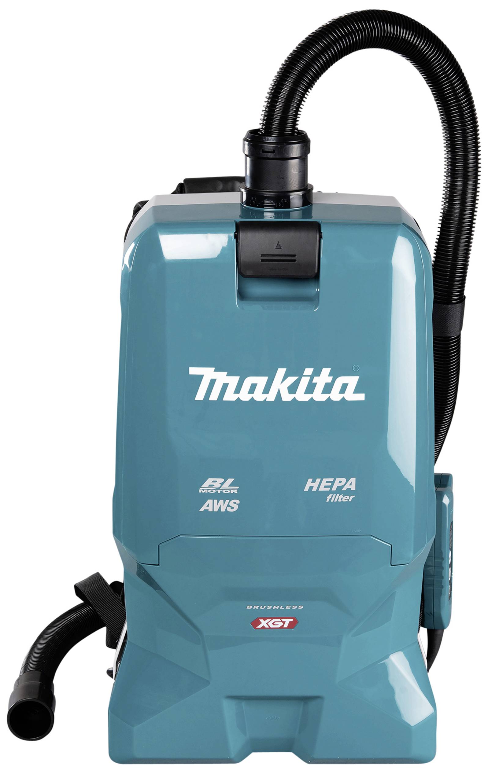 Ein blauer Staubsauger mit der Aufschrift 'Makita', ausgestattet mit HEPA-Filter und AWS-Technologie, für sauberes Arbeiten.