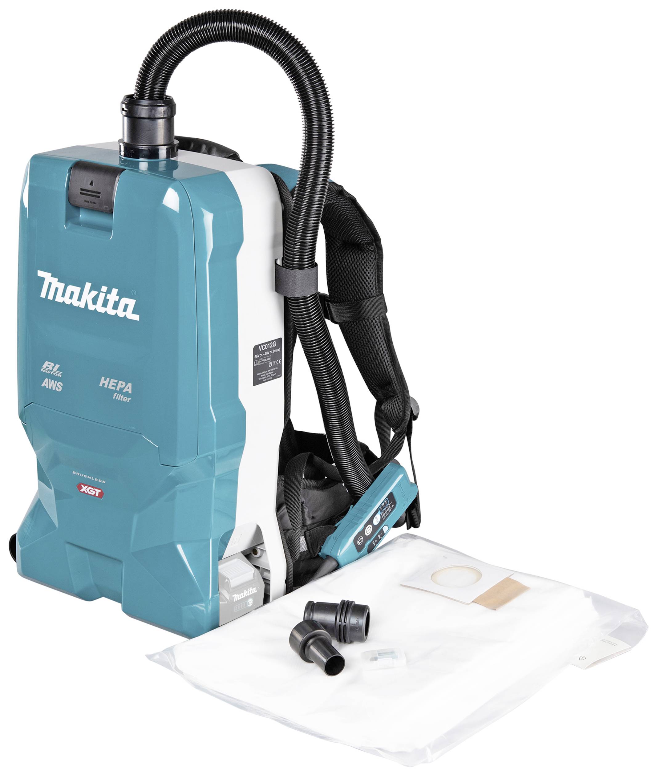 Rucksack-Staubsauger von Makita, blau-weiß, mit HEPA-Filter und Zubehörteilen. Ideal für tragbare Reinigungslösungen.