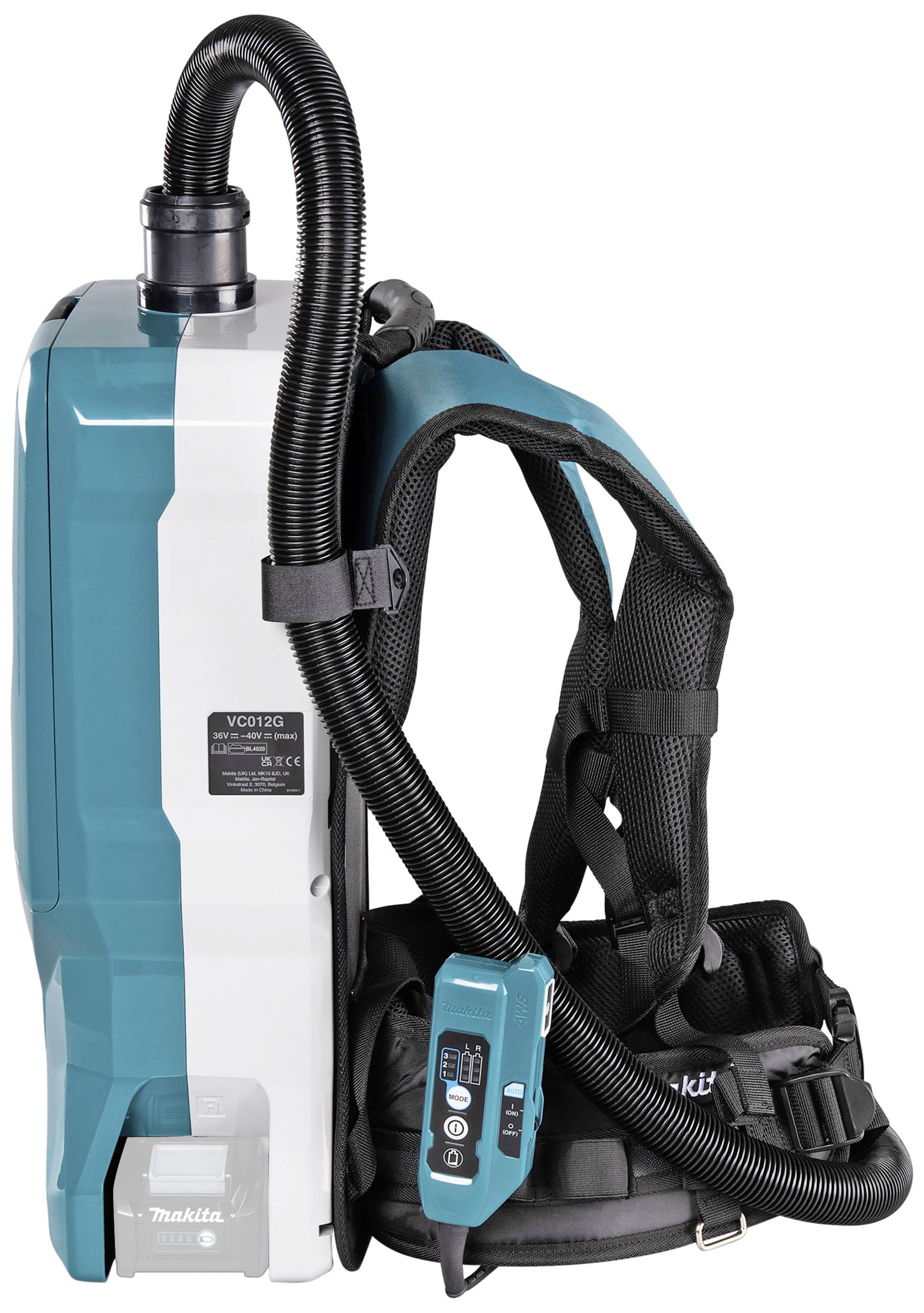 Rucksack-Staubsauger mit blau-schwarzer Farbgebung, Trageriemen und flexiblem Schlauch. Entworfen für komfortables, mobiles Saugen.