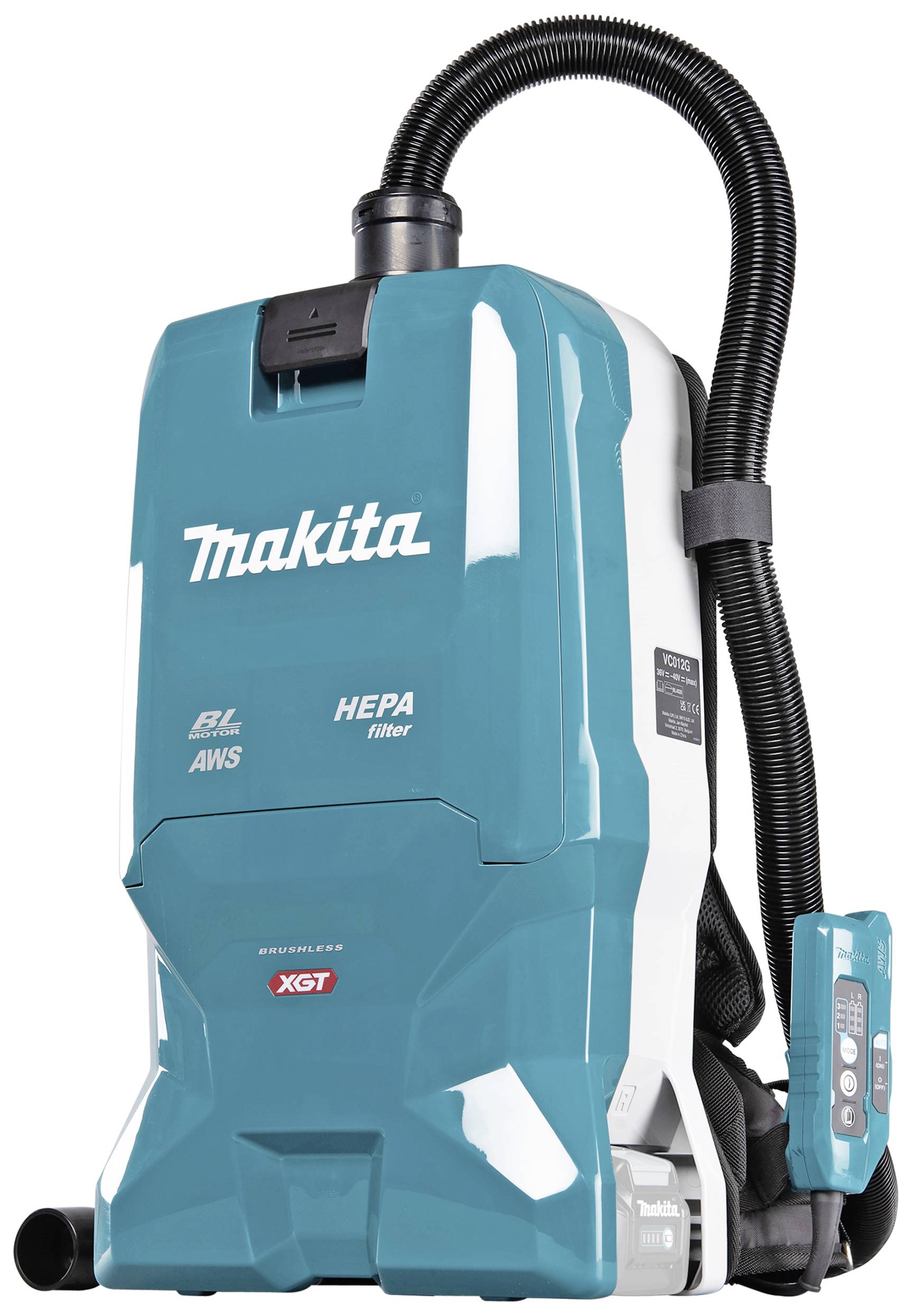 Ein blauer Rucksack-Staubsauger mit HEPA-Filter und Akku, geeignet für mobile Reinigungsaufgaben.