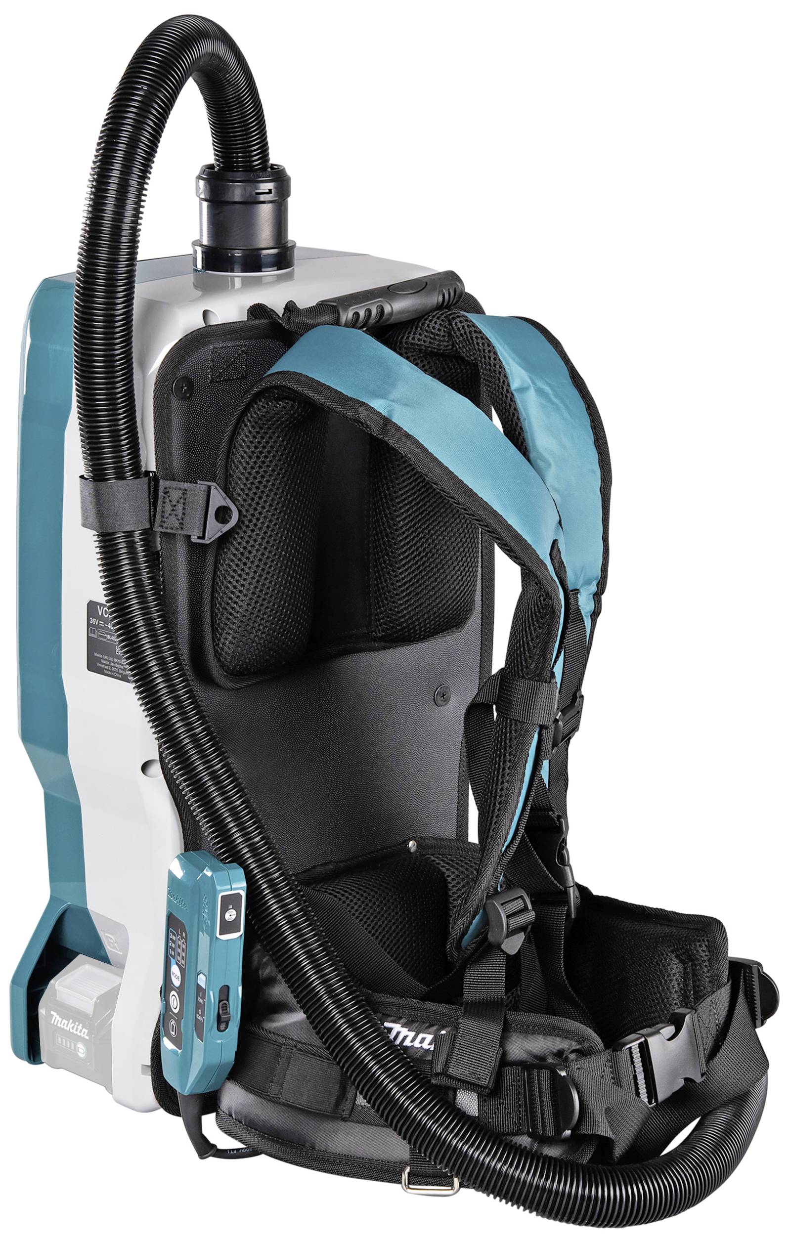 Ein tragbarer Rucksack-Staubsauger mit gepolsterten Gurten und Schlauch. Er ermöglicht freihändiges Staubsaugen, ideal für Mobilität.