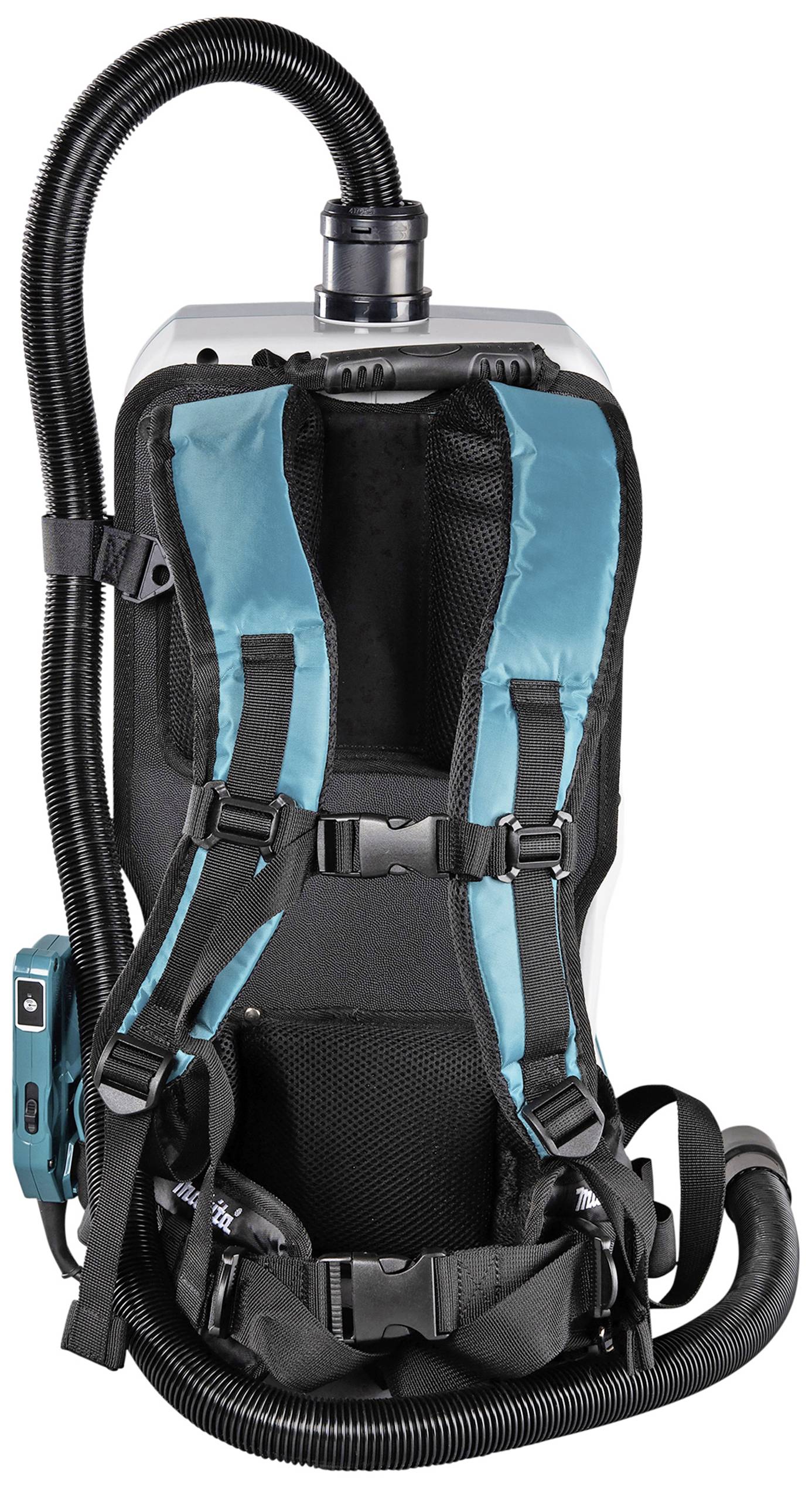 Rückansicht eines Rucksackstaubsaugers mit verstellbaren Gurten und Schlauch, der oben befestigt ist.