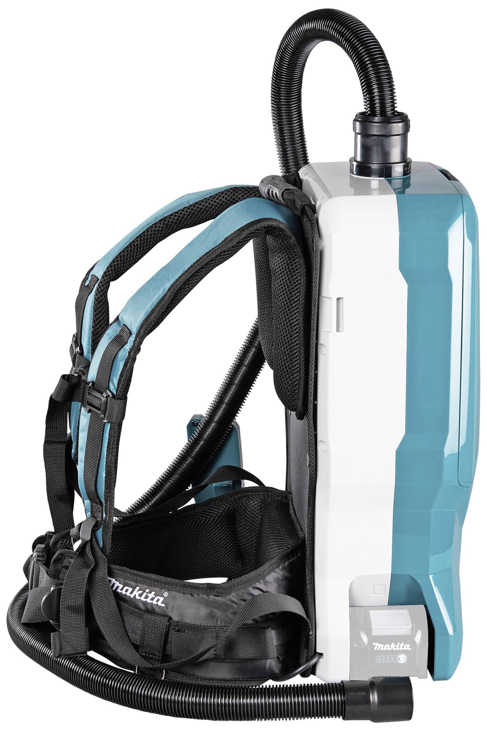 Ein kabelloser Rucksackstaubsauger in Blau und Weiß, mit ergonomischen Gurten und einem Schlauchanschluss oben.
