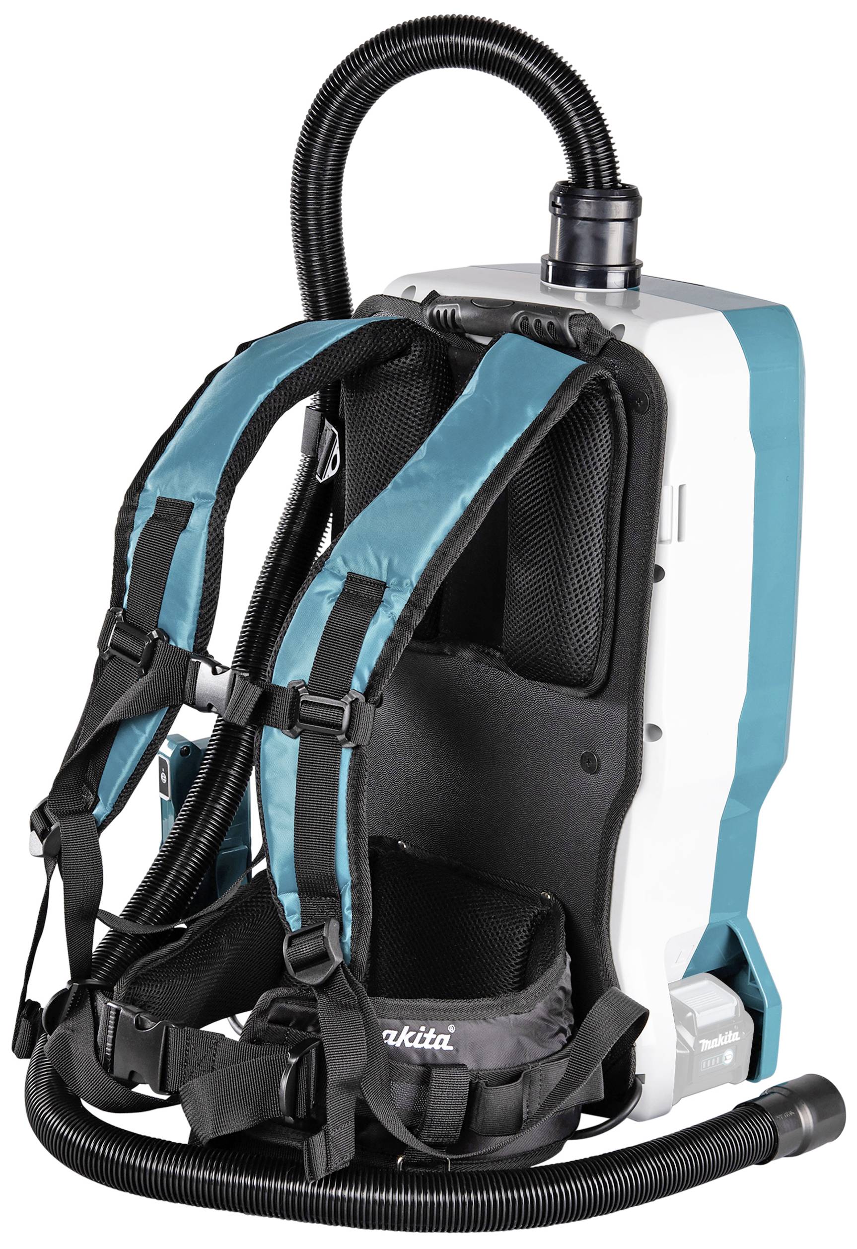 Tragbarer Rucksack-Staubsauger mit verstellbaren Gurten. Modellname auf der Basis sichtbar. Eignet sich für komfortables Reinigen.