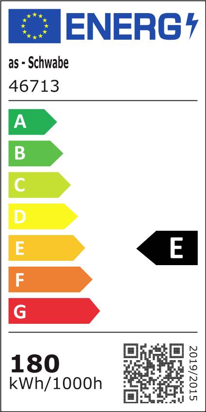 Energieeffizienzlabel für Leuchte '46713' der Marke 'as - Schwabe', zeigt Effizienzklasse E mit einem Verbrauch von 180 kWh/1000h.