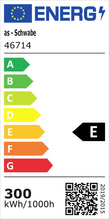 EU-Energieeffizienzlabel mit Kennzeichnung 'E'. Stromverbrauch 300 kWh/1000h. QR-Code unten rechts, Hersteller 'as - Schwabe', Modellnummer 46714.