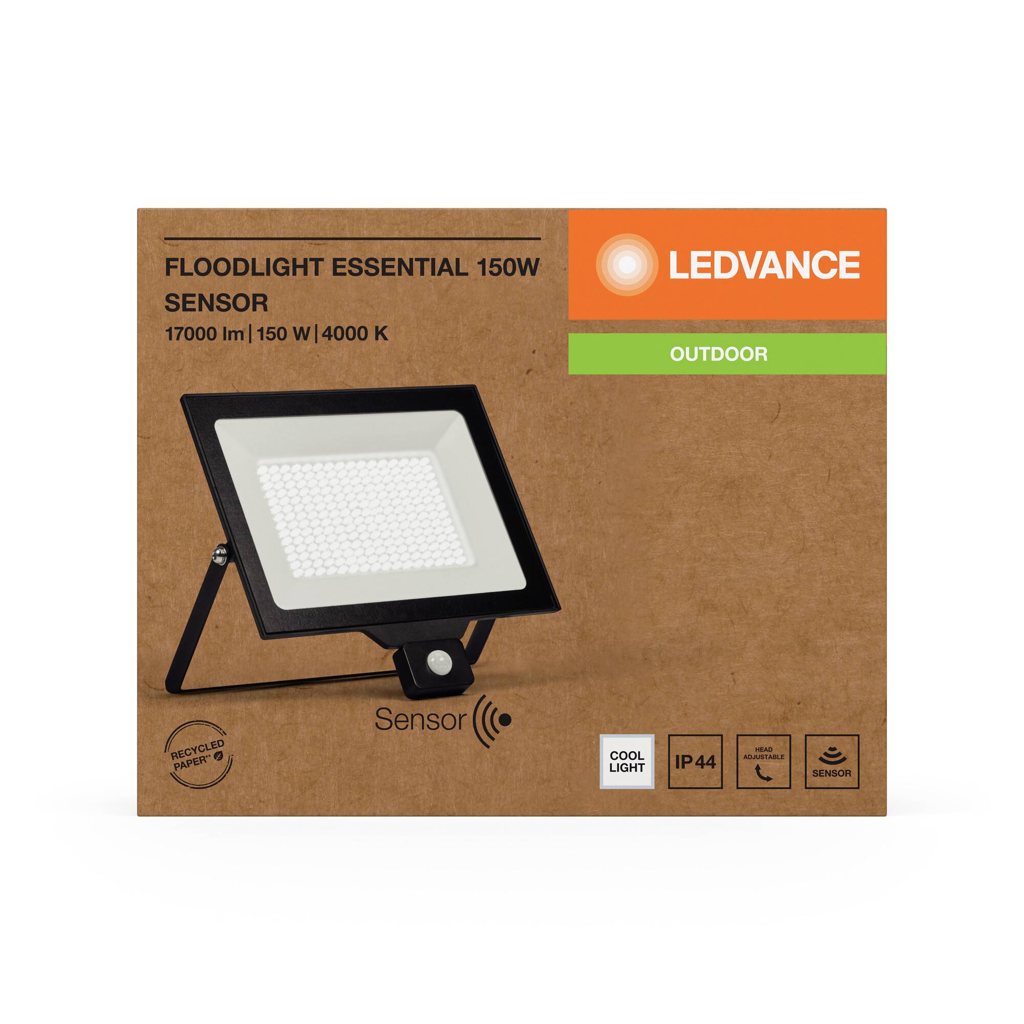 LEDVANCE LED-Flutlicht Essential 150W Sensor, 17000 lm, 150 W, 4000 K, für den Außenbereich, IP44, Cool Light, Sensorsteuerung.