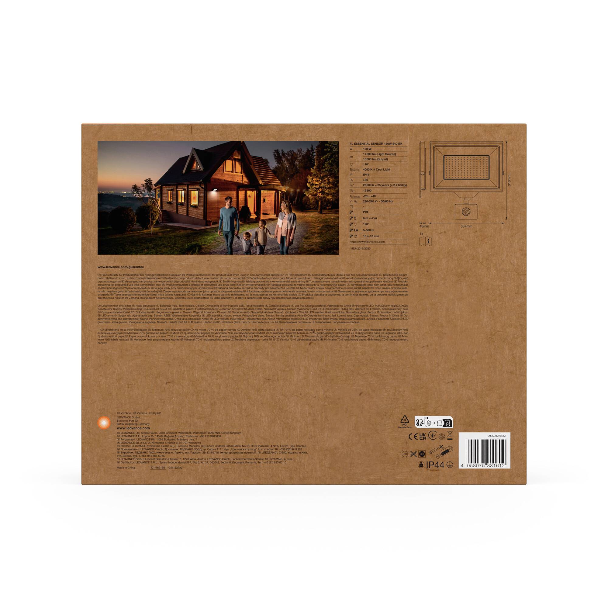 Verpackungsrückseite mit Bild eines beleuchteten Hauses bei Abenddämmerung, Familie im Vordergrund. Zeigt technische Spezifikationen und Anleitungen für ein Beleuchtungsprodukt.