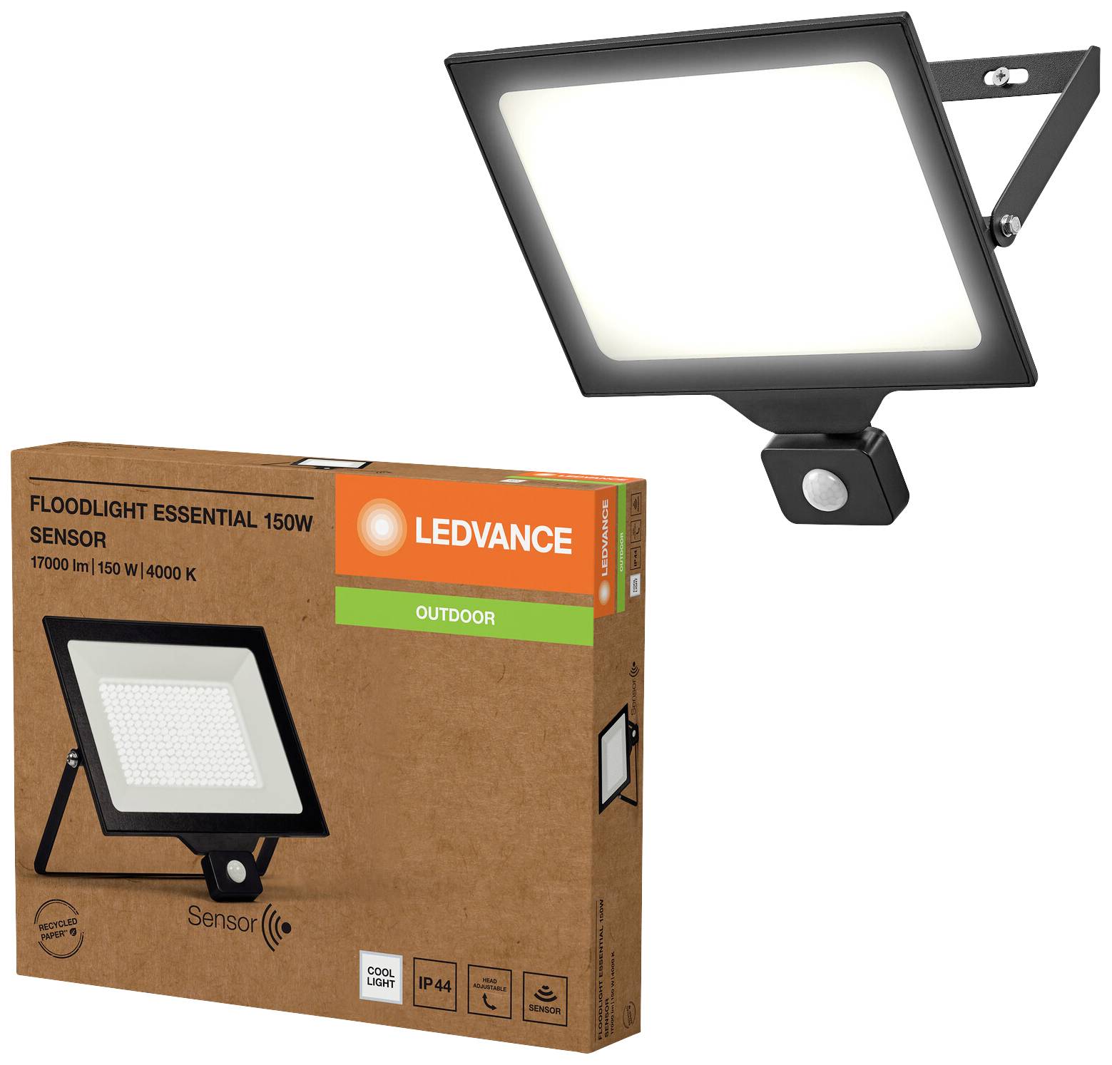 Flutlichtleuchte mit Sensor und Verpackung. Marke 'Ledvance', 150W, 17000 Lumen, 4000K, für Außenbereich, IP44 klassifiziert.
